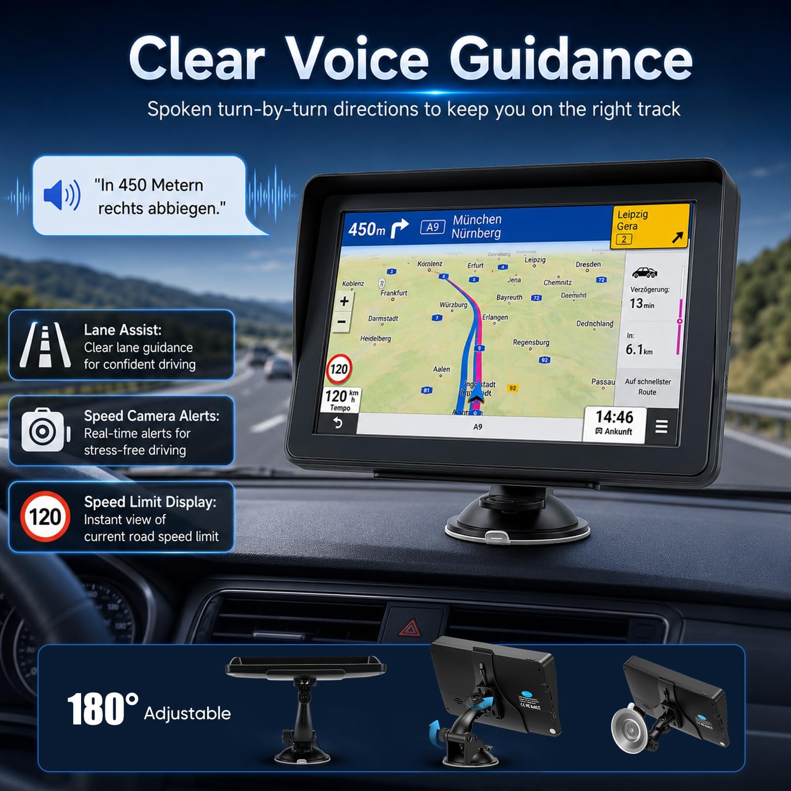 7" Navigationsgerät für Auto & LKW, Radarwarner, Kartenupdate | LKW-Routen zur Brückenvermeidung; 12 GPS-Kanäle für starkes Signal; Radarwarner; 7" HD-Display; Inklusive Anleitung