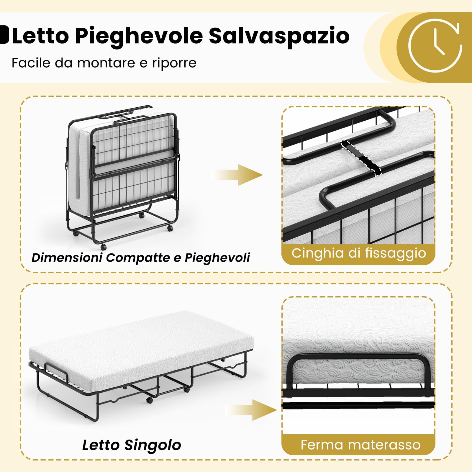 COSTWAY Letto Pieghevole con Materasso, Letto Singolo Pieghevole per Ospiti con Memory Foam e Struttura in Metallo, Brandina con Ruote, 190 x 90 cm, Carico 220 kg
