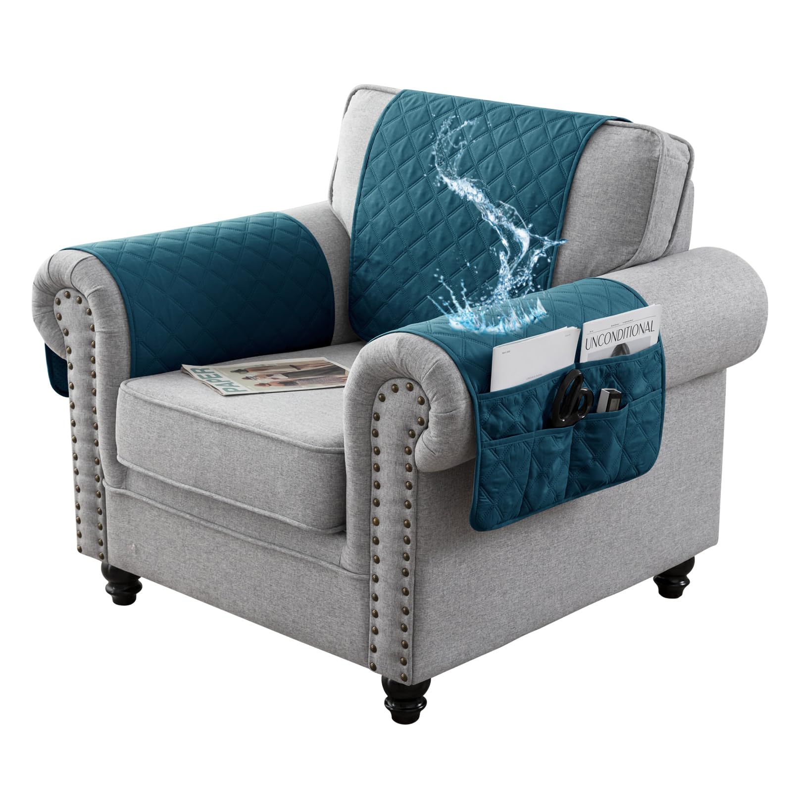 Wjhdwyd Deep Teal Armrest Covers, Sofa Armrest Cover With Pocket, Headrest Covers For 1/2/3 Seater Sofa Armchair Cover, Non-Slip Armchair Cover(,2 Posto)