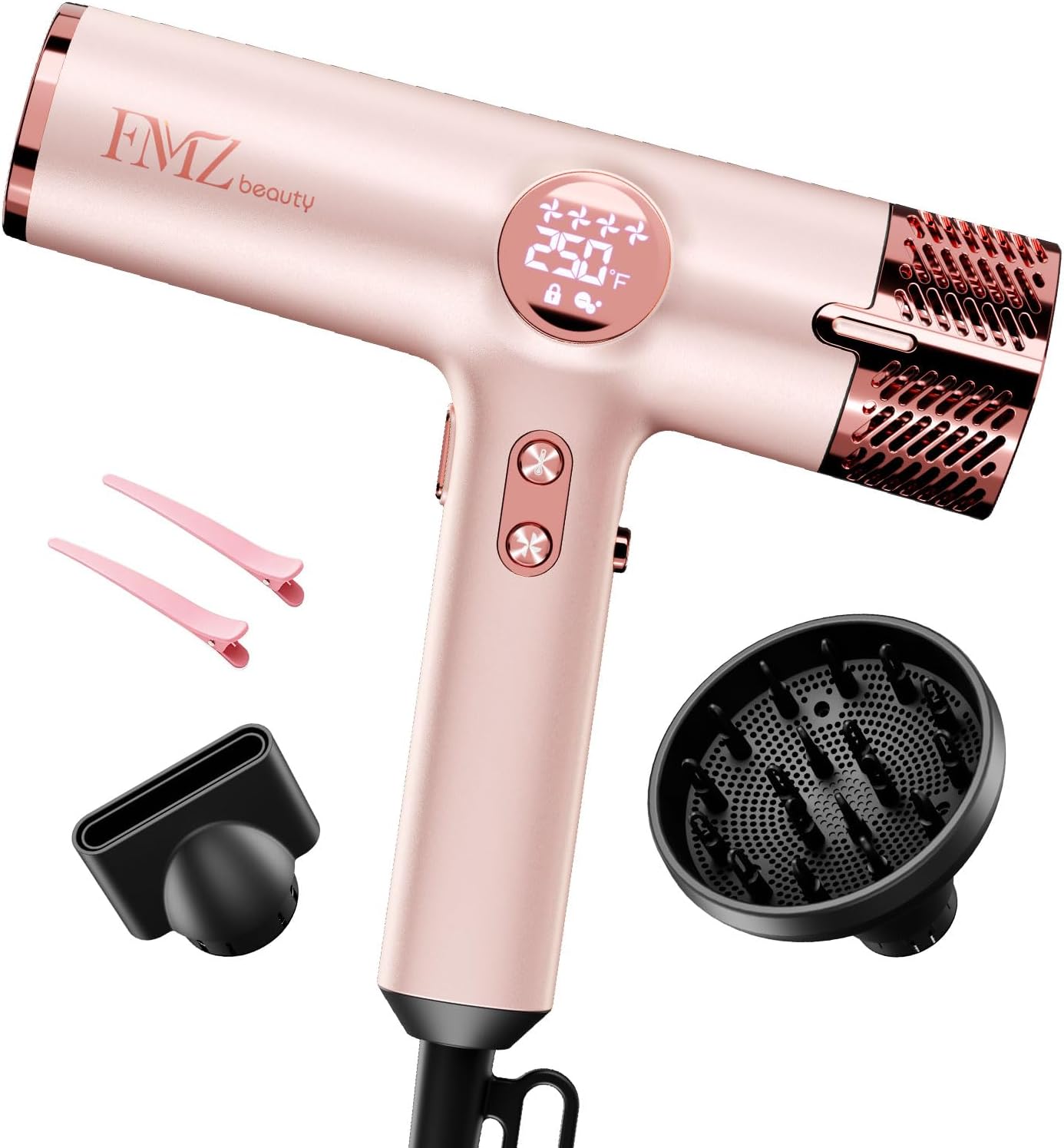 FMZ Professional Hair Blow Dryer with Smart Display, 1875W High Speed BLDC Motor for Fast Drying, Portable Mini Lightweight Quiet, Pink Curly Ionic Diffuser HairDryer for Women Girls Teen Salon Travel