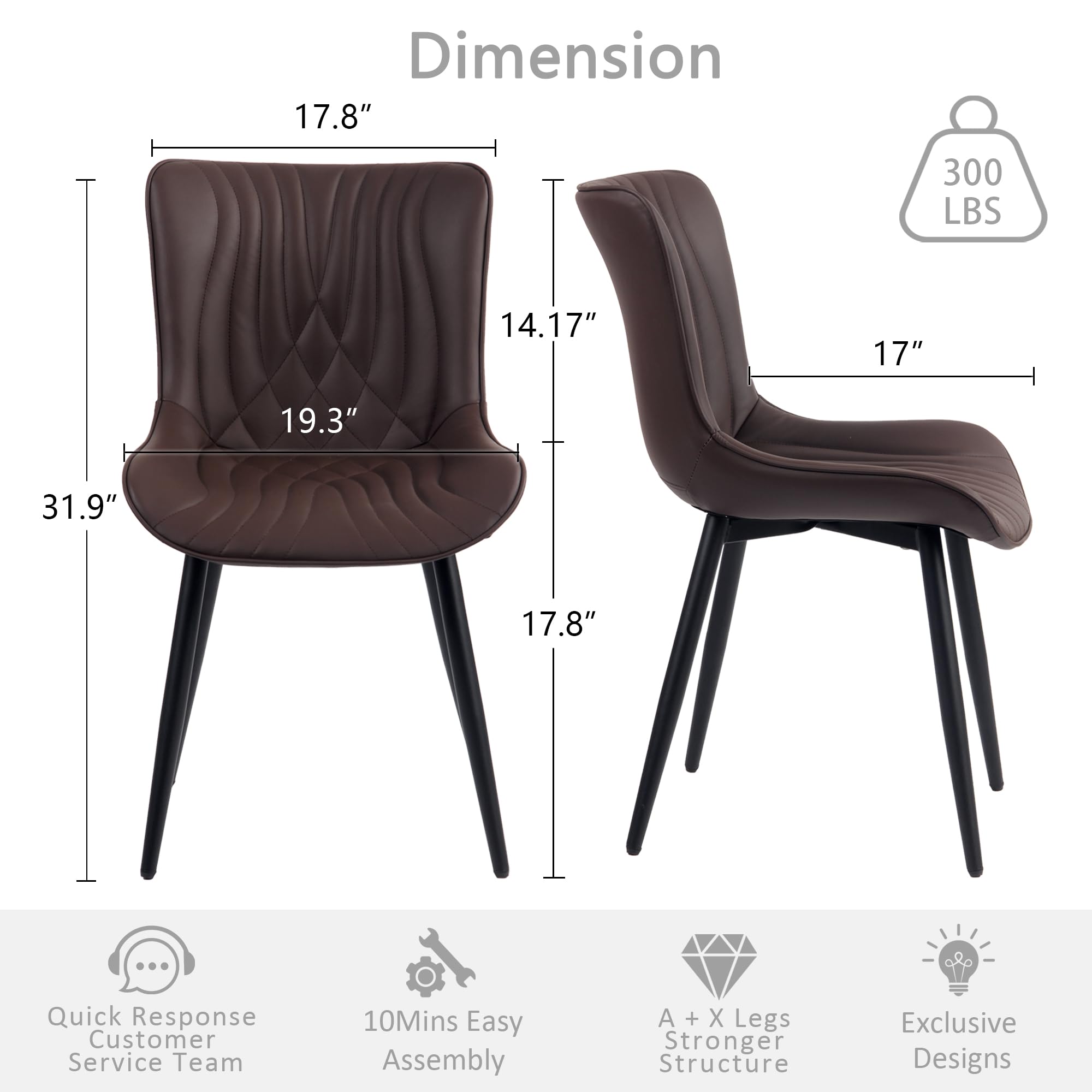 Kidol&Shellder - Juego de 2 sillas de comedor tapizadas de piel sintética moderna de mediados de siglo con respaldo, ergonómicas sin brazos y sillas de sala de estar con patas de metal 4