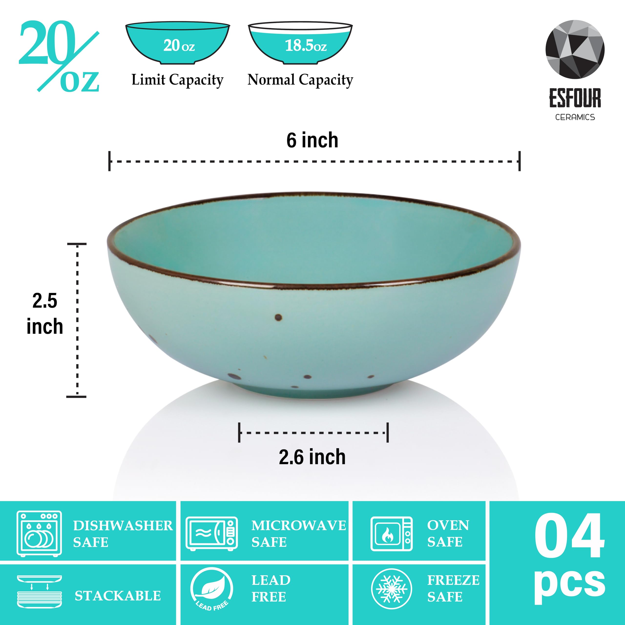 Esfour Porzellan-Schüsseln, 6er Set – Je 530 Ml, Ofen- & Spülmaschinenfest, Bunte Farben, Für Salat, Müsli, Dessert & Mehr