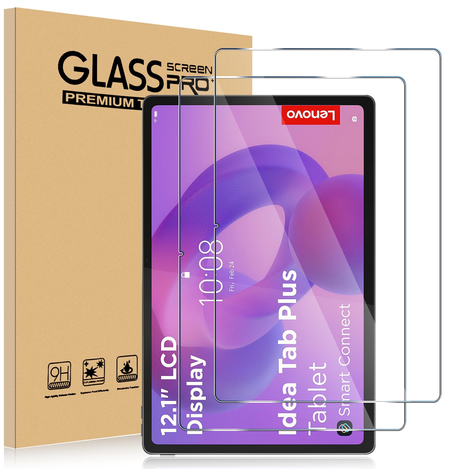 ELYCO Schutzfolie Kompatibel mit Lenovo Idea Tab Plus 12.1 Zoll für Panzerglas, 2 Stück 9H Härte Anti-Kratzen Glass Protector, Anti-Bläschen Panzer Schutz Glas, HD Clear Displayschutz