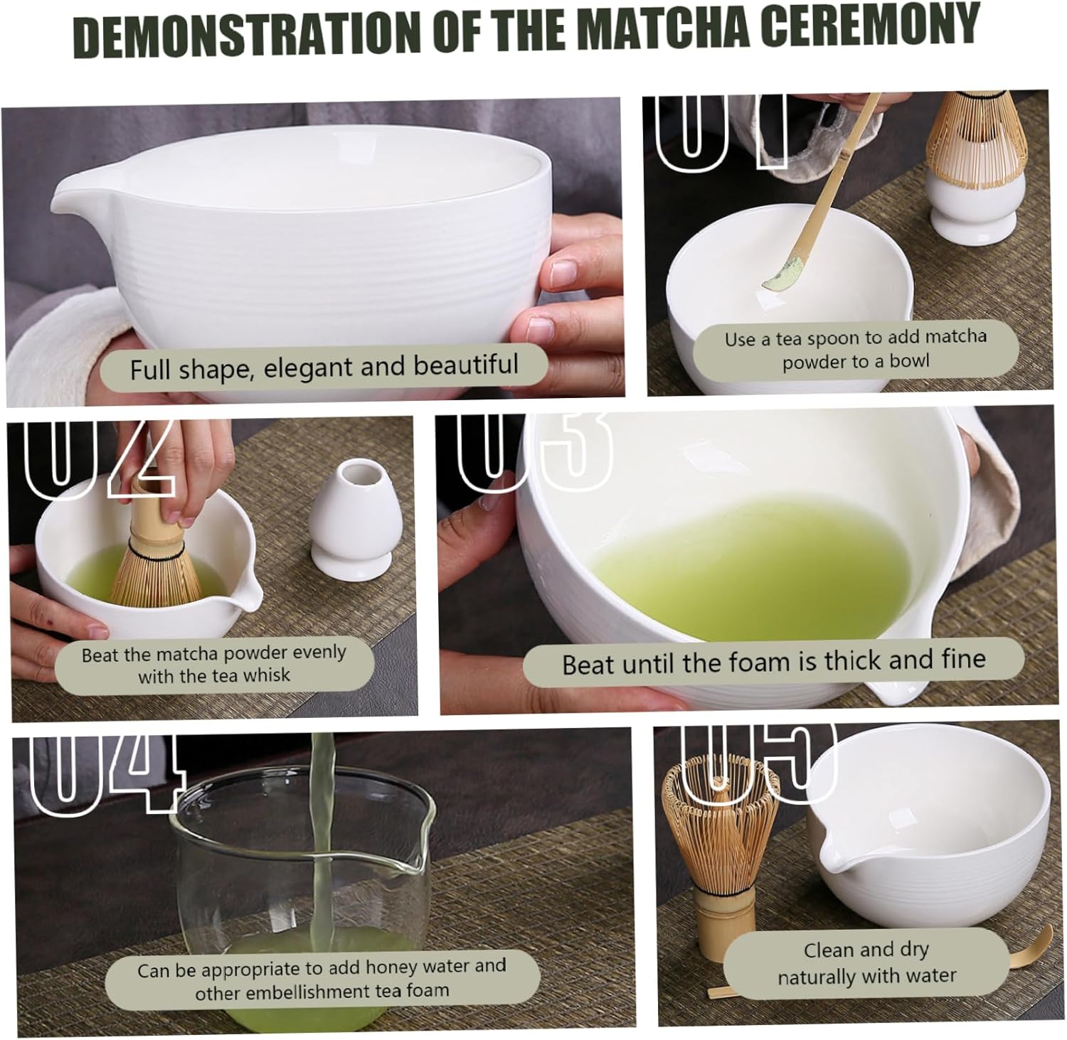 Matcha Whisk Set 7Pcs/Set Ceramic Matcha Tea Perfect Kit Tea Making Tools Includes Whisk, Spoon, Holder, Bowl, Sifter, Cloth, Spoon Holder.