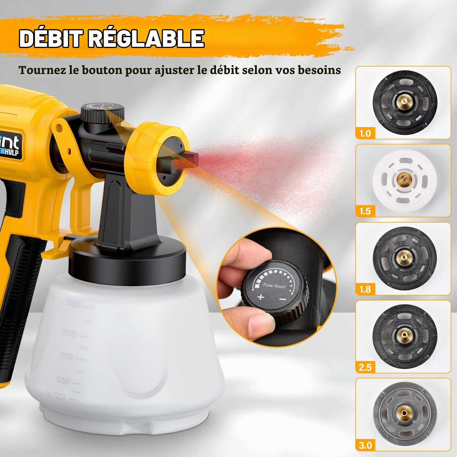 Pulvérisation de Peinture 650W, Pistolet Peinture électrique avec 5 Buses | Pistolet à peinture avec réservoir de 1300 ml,tuyau d'air de 3 m, pour peintures et murales à l'intérieur et à l'extérieur