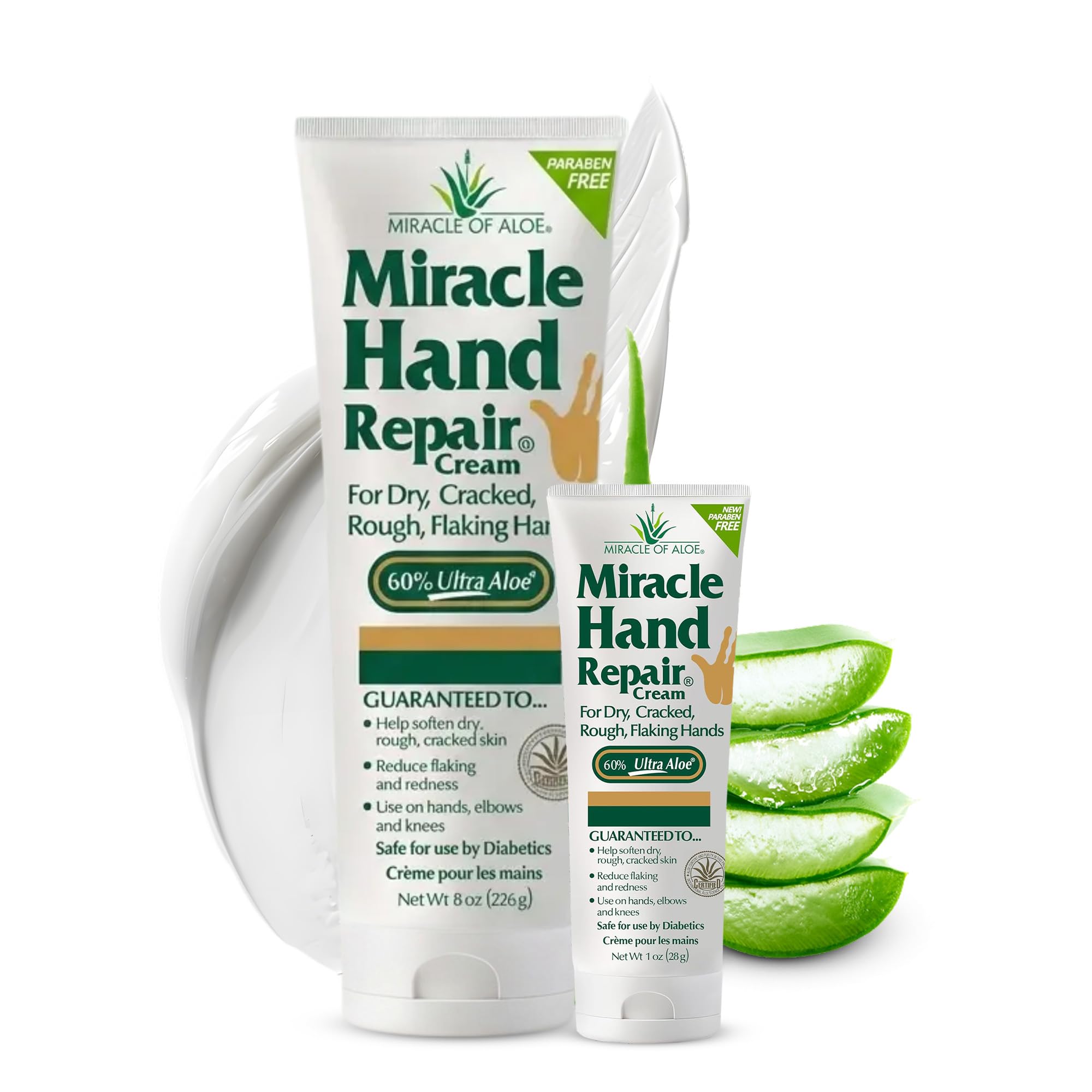Miracle Hand Cream For Dry Cracked Hands, Hand Repair Cream, 8 Oz & 1 Oz | 60% Aloe Vera, Non Greasy Moisturizer For Working Hands, Fast Absorbing