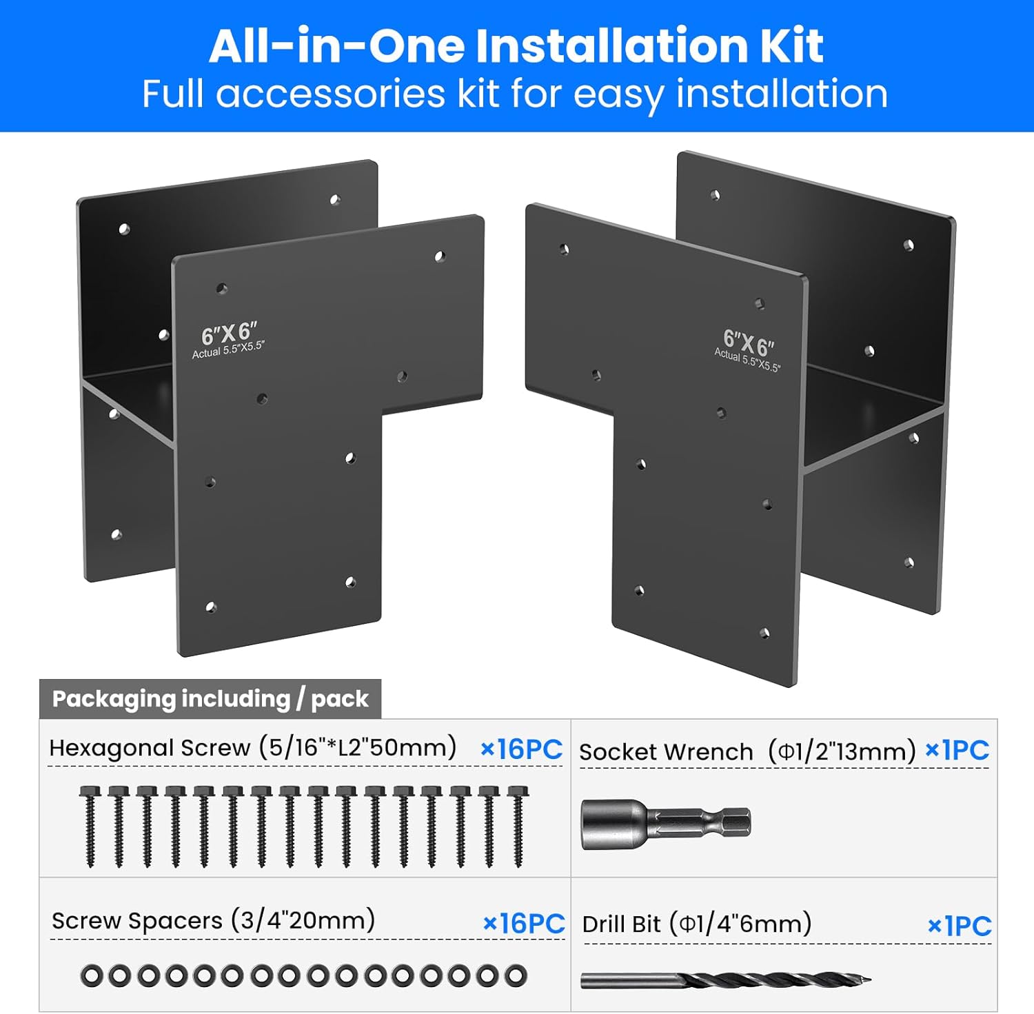 4Pcs 6"x6" (Actual 5.6x5.6) End Post Caps Bracket Stainless Steel, Fit Connecting Wood Gazebo, Deck Patio Post, Wood Beams Bracket for Patio, for Garden, Yard