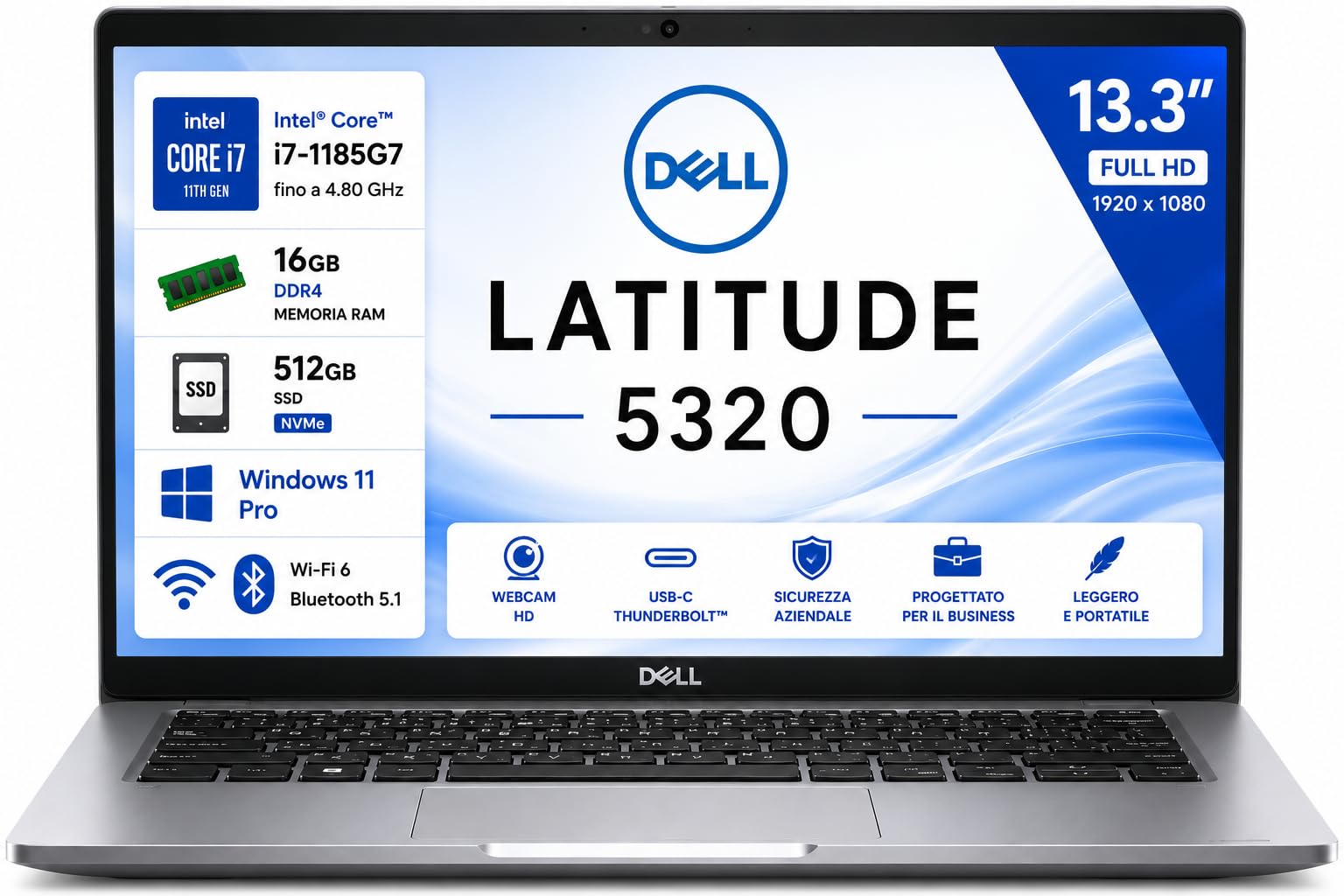 Dell Latitude 5320 13.3" Full HD Notebook – Intel Core i7-1185G7 – 16GB RAM – SSD 512GB – Windows 11 Pro – Wi-Fi 6 – Webcam – USB-C Thunderbolt – Tastiera QWERTY Italiana (Ricondizionato)