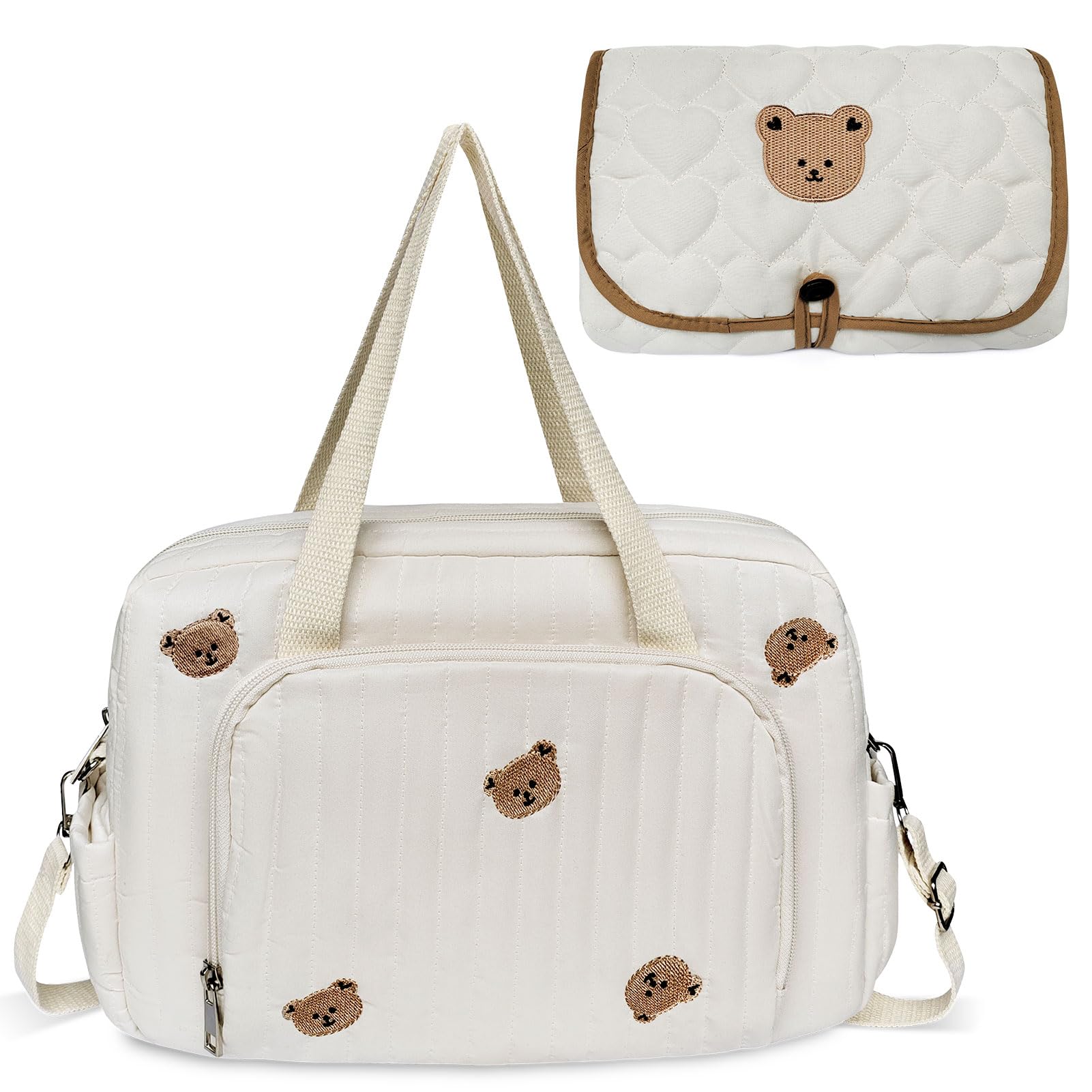 QualfsTerric Baby Nappy Changing Bag Cotton Quilted Diaper Bag with Adjustable Strap Cute Bear Diaper Bag Multi Pocket Mum Bag for Travel, Hospital, Stroller