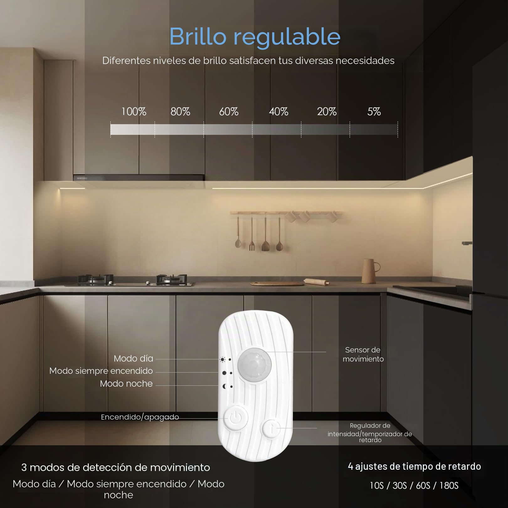 YOODI Tiras LED con Sensor de Movimiento, 5M Neutra Iluminacion LED con Temporizador, Luz LED Nocturna Neón Flexible Cortable, Tira de Luz de Atenuación Continua para Dormitorios, Escaleras