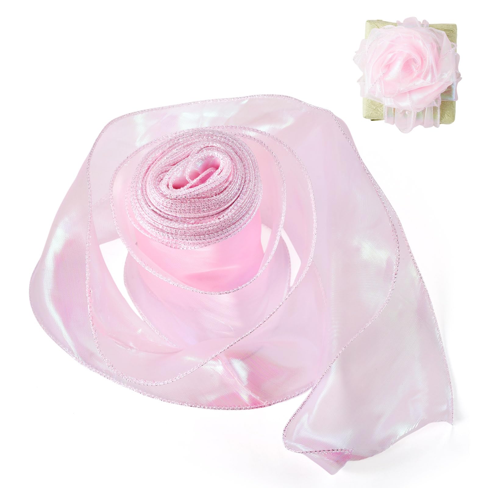 Spritewelry 15 Yards Iridescent Organza Ribbon Pearl Pink Shimmer Chiffon Ribbon for Gift Wrapping Bouquets Wedding Christmas Home Party Decor 100mm โ image 1