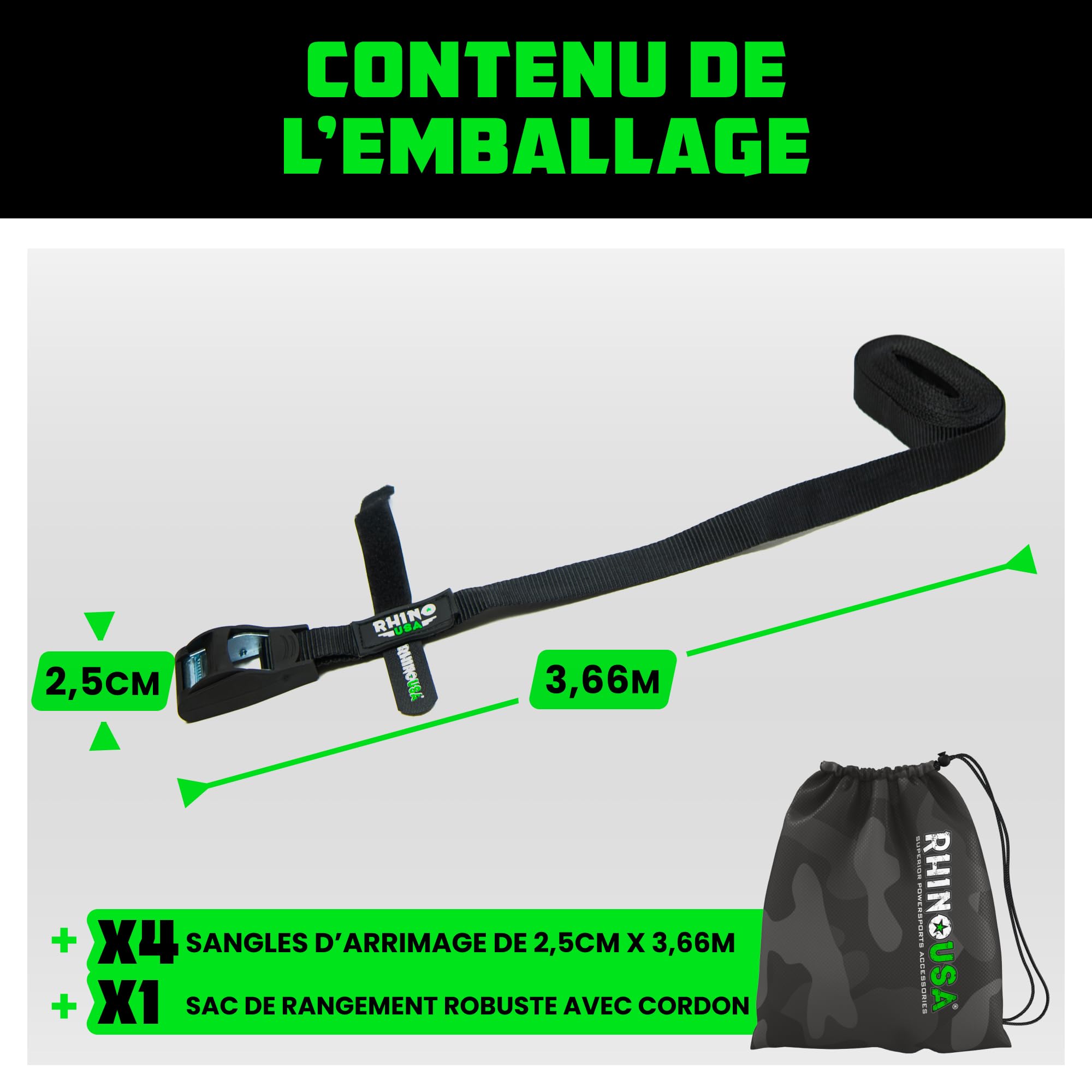 Rhino USA Sangles d'Arrimage (4) - Résistance Maximale à la Rupture de 500kg, Comprend (4) Sangles de Traction de 2.5cm x 3.6m, Sangles de Fixation pour Chargement, Kayak, Porte-Bagages de Toit