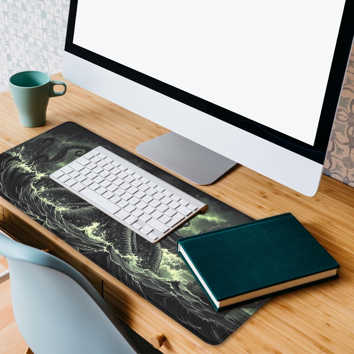 Cthulhu Gaming Mouse Pad, Myth Legend Ocean Tentacles Pirate Ship Extended Mousepad Waterproof Stitched Edges Rubber Base Non-Slip Deskmap Computer Keyboard Mat 31.5 x 11.8 inch image 5