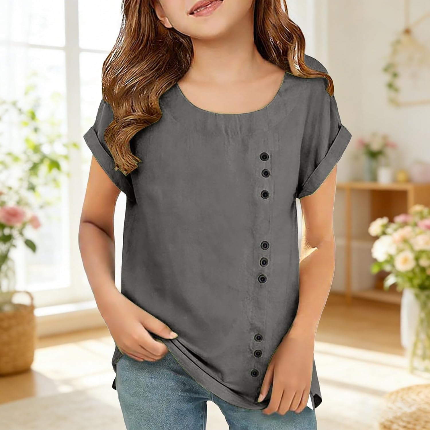 Girls Shirt Short Sleeve Shirt Cotton Linen Blend Button-Down Top V-Neck Trendy Solid Loose Fit Tops for Teen Girls