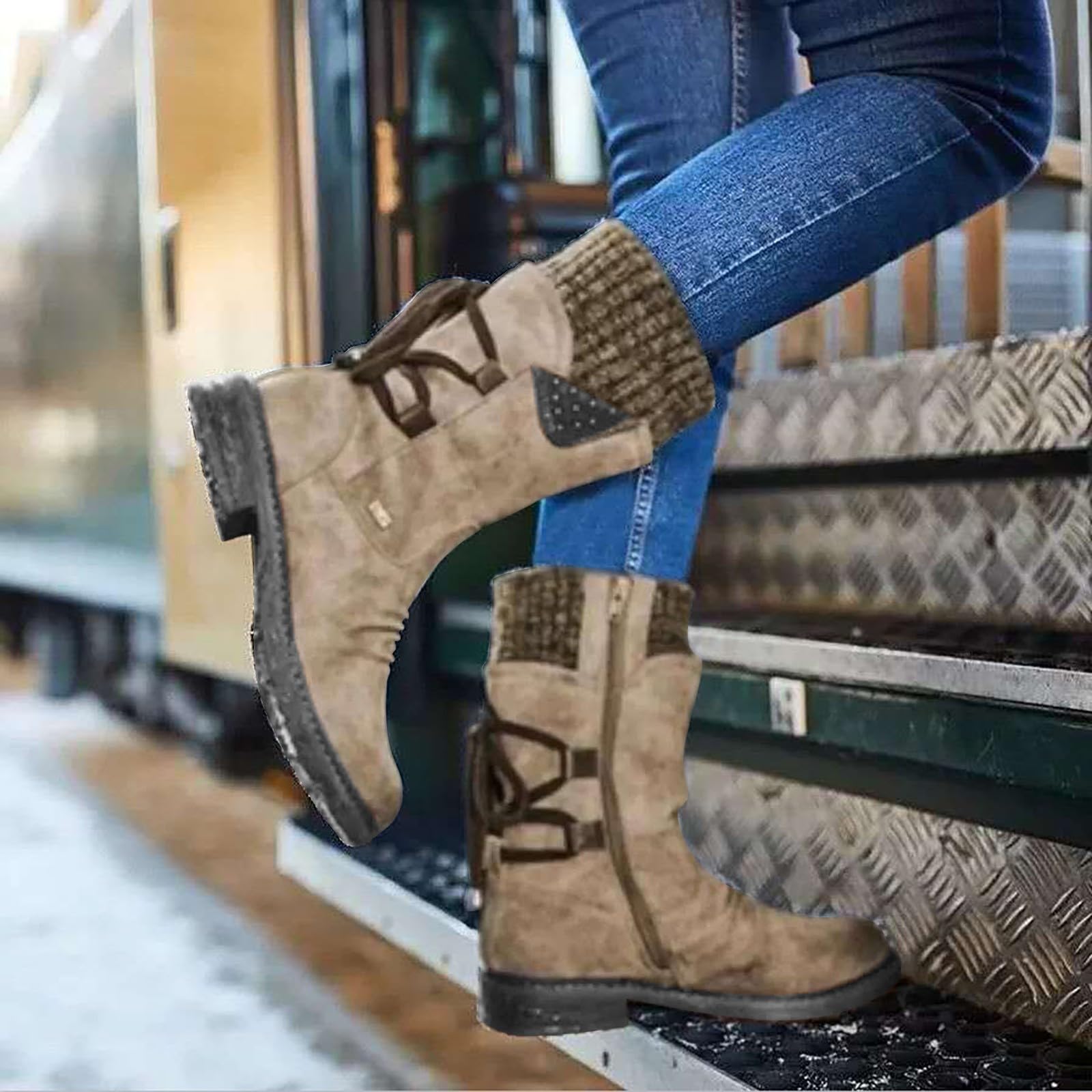 Bottes de neige chaudes à enfiler pour femme - Bottines avec talon - Bottes de randonnée - Fermeture éclair latérale - Antidérapantes - Chaussures d'extérieur - Bottes d'hiver confortables - Bottes