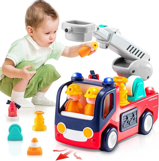 Sitodier Fire Engine Toys for 2 3 4 Year Old, Baby Fire Truck Toy with Light & Sound for 18+ Months Toddlers, Play Vehicles Truck with Tools Figures, Gift for Baby Boys Girls
