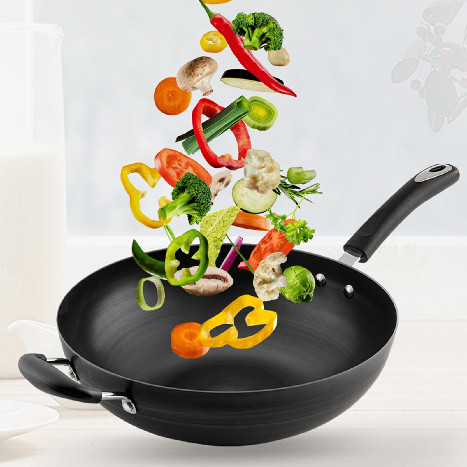 Wok Senza Rivestimento Chimico Per Induzione Gas Yhngly Wok Antiaderente In Acciaio Al Carbonio Con Coperchio Wok Con Coperchio E Spatola - 6