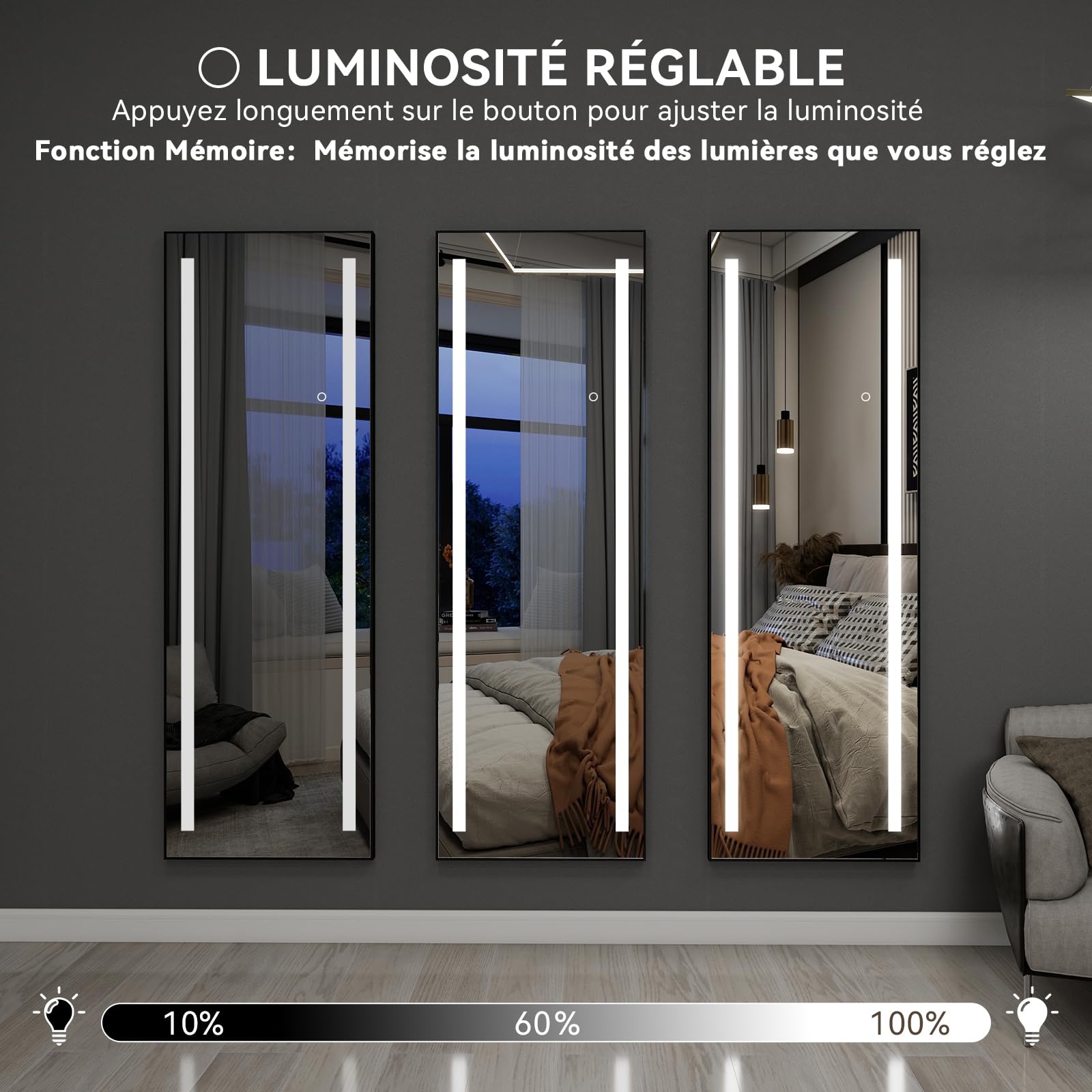 Grand Miroir sur Pied LED 150x50cm, Miroir Plein Pied Mural, 3 Couleurs Dimmable, Cadre Aluminium, Rectangulaire Noir