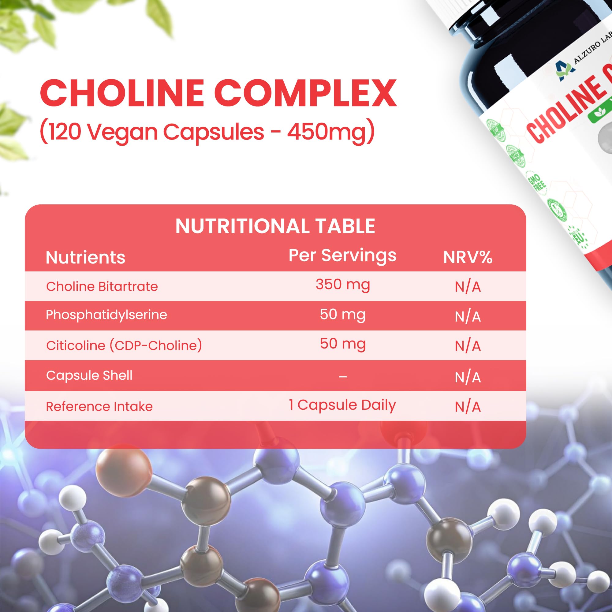 Complexe Choline | Bitartrate de choline, Citicoline (CDP-choline) & Phosphatidylsérine | 120 gélules végétales | GMP & Testé en Laboratoire Indépendant