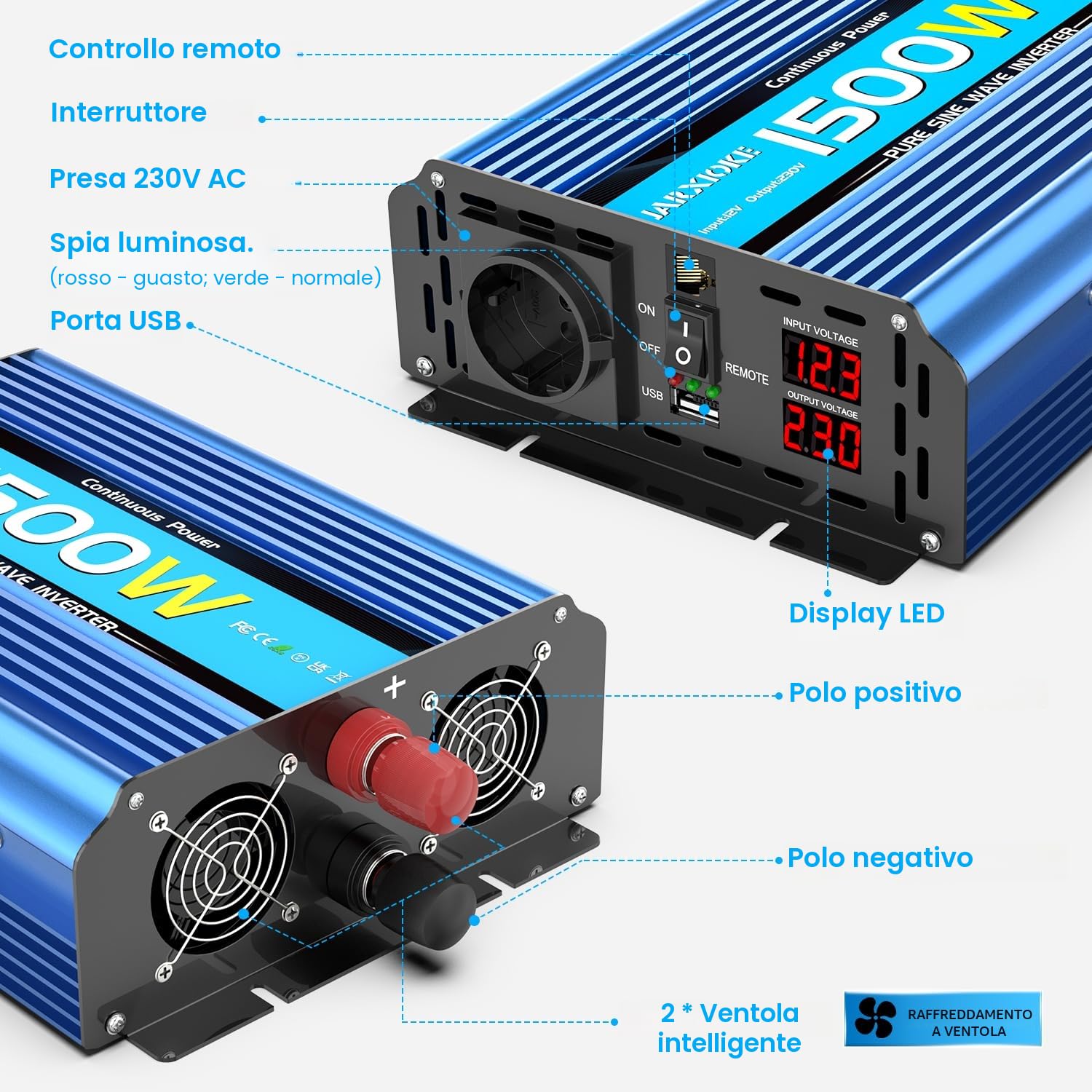 1500W/3000W Inverter 12v 220v Onda Pura Invertitore di Potenza 12v 220V/230V Trasformatore di Potenza Convertitore - Telecomando & USB & EU Presa per Auto Camper Barca