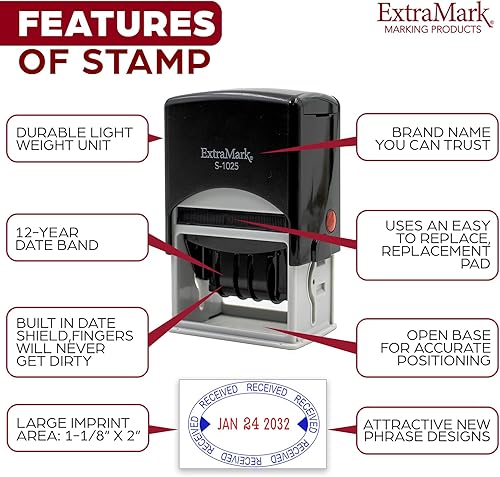 Miniatura 3 de ExtraMark S-1025 Sello de fecha de oficina autoentintado profesional con frase "entrada" - Estilo Q - Tinta de color rojo