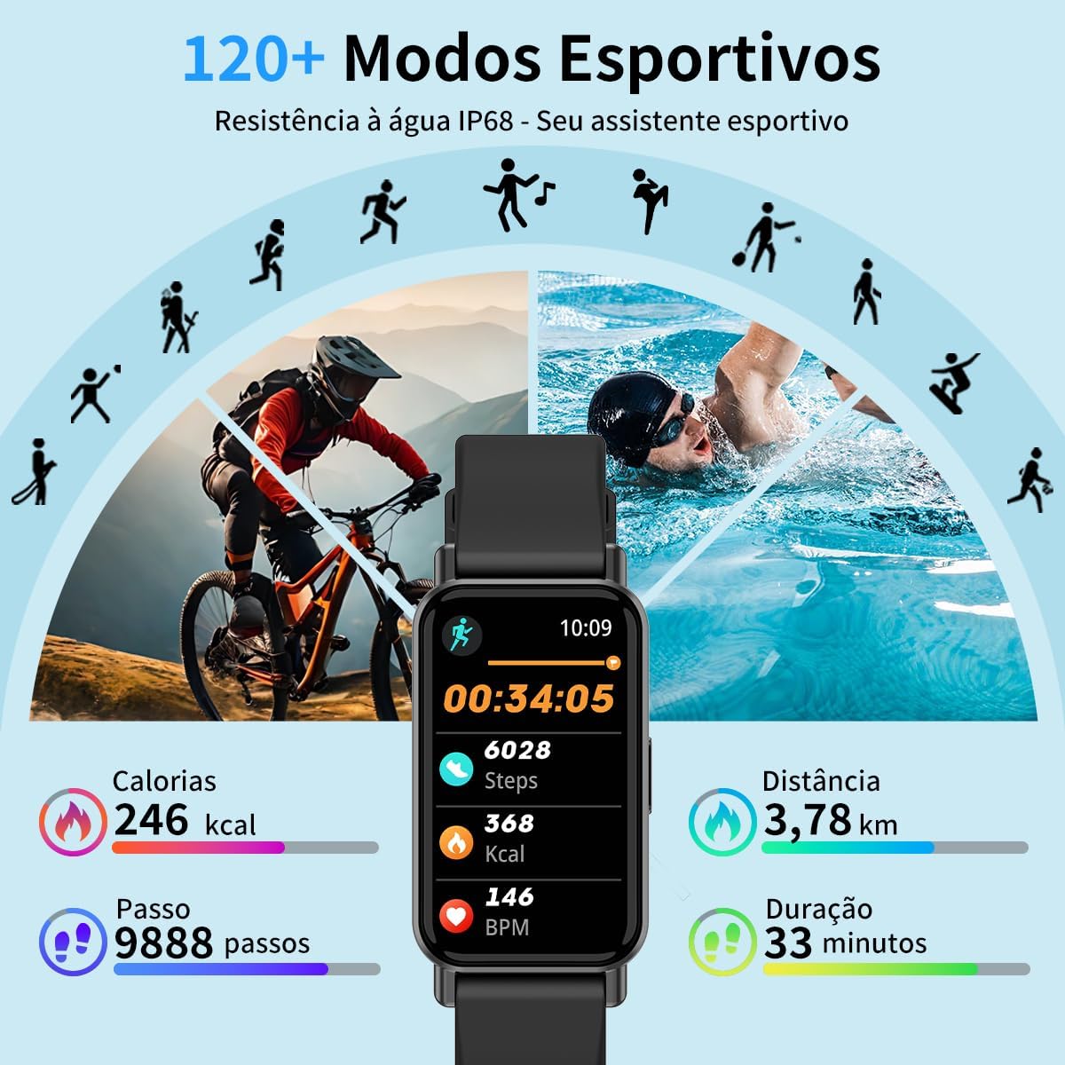 Man swimming with PEJE Band 1 Smartwatch, highlighting IP68 water resistance