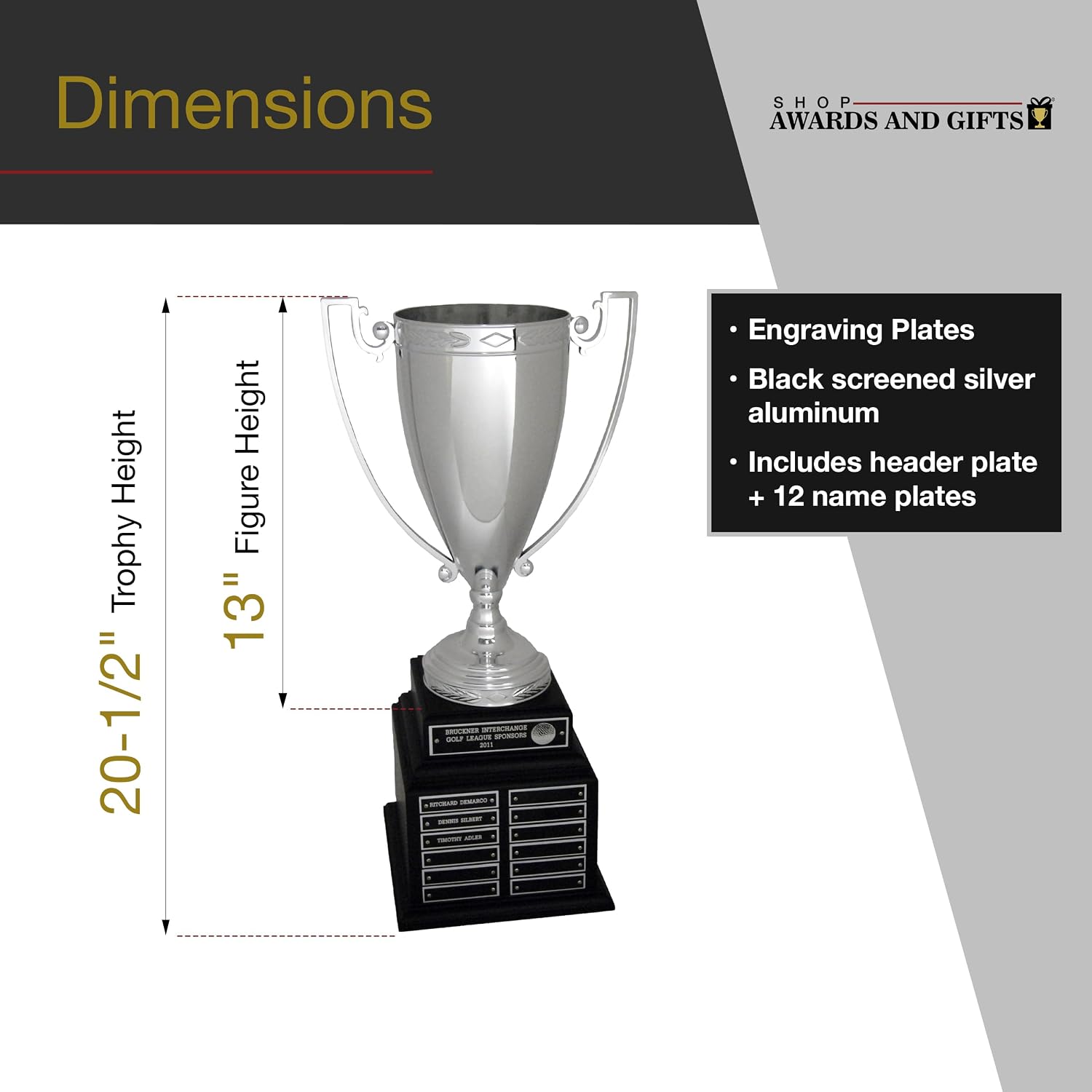 SHOP AWARDS AND GIFTS Large Silver Custom Trophy Cup on Black Base with Header and 12 Name Plates, Personalized Engraved Award, 20-1/2 Inch