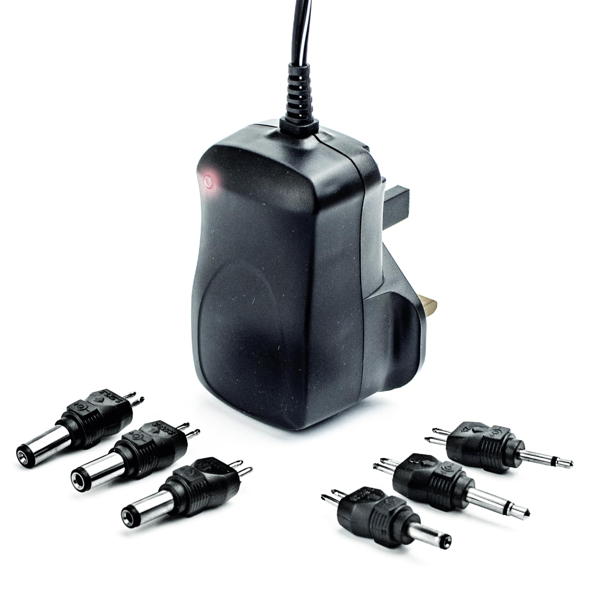 Status AC/DC Multi-Voltage Adaptor UK Plug, 3–12V Output with Multiple Connectors, Neon Indicator, Short Circuit and Overload Protection, Black (SACDC1PKB3)