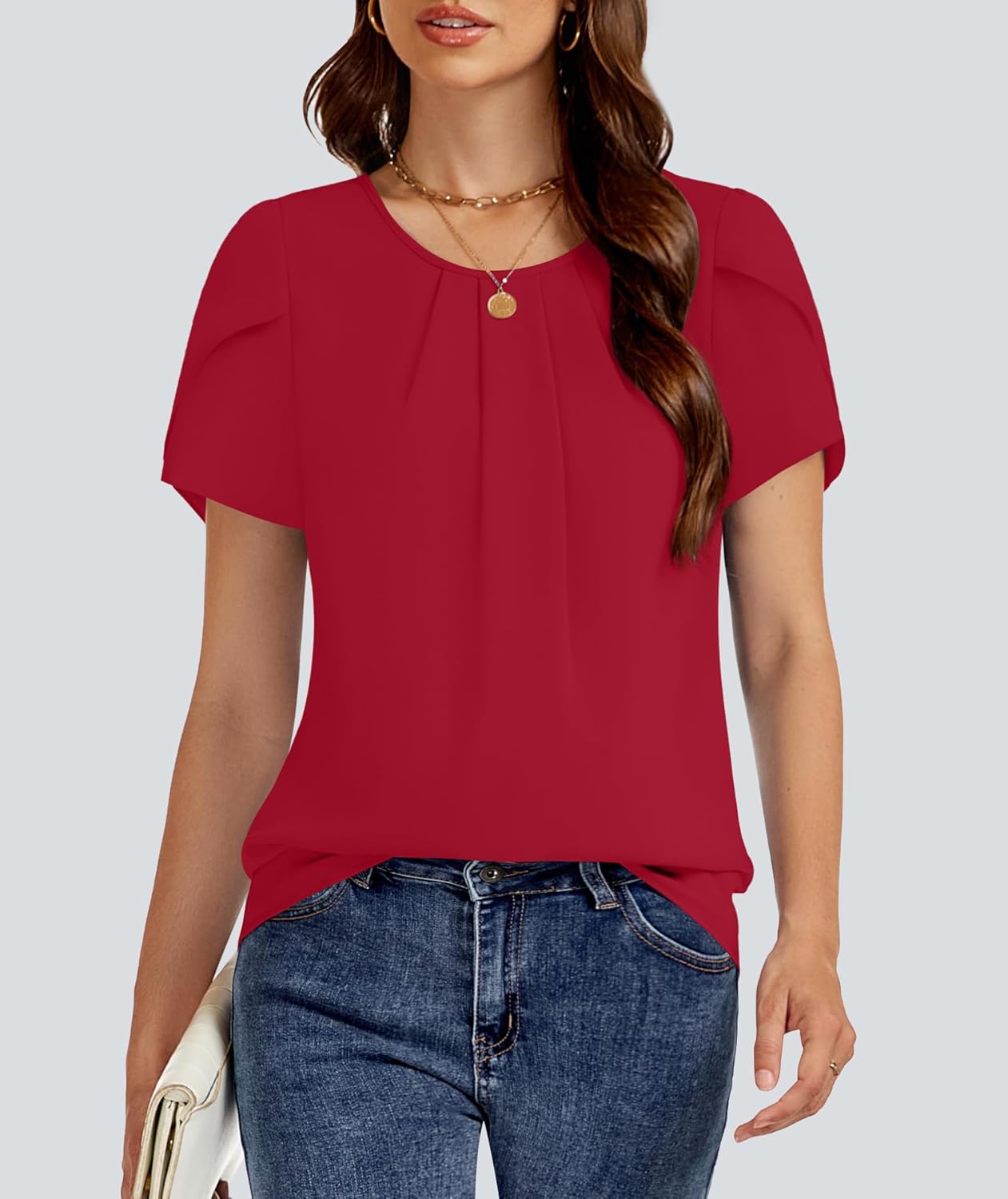 FUNLINGO Womens Tops Dressy Casual Summer Tunic Chiffon Blouse Pleated Front Crew Neck Shirts Loose Fit Business Flowy Top - Image 5