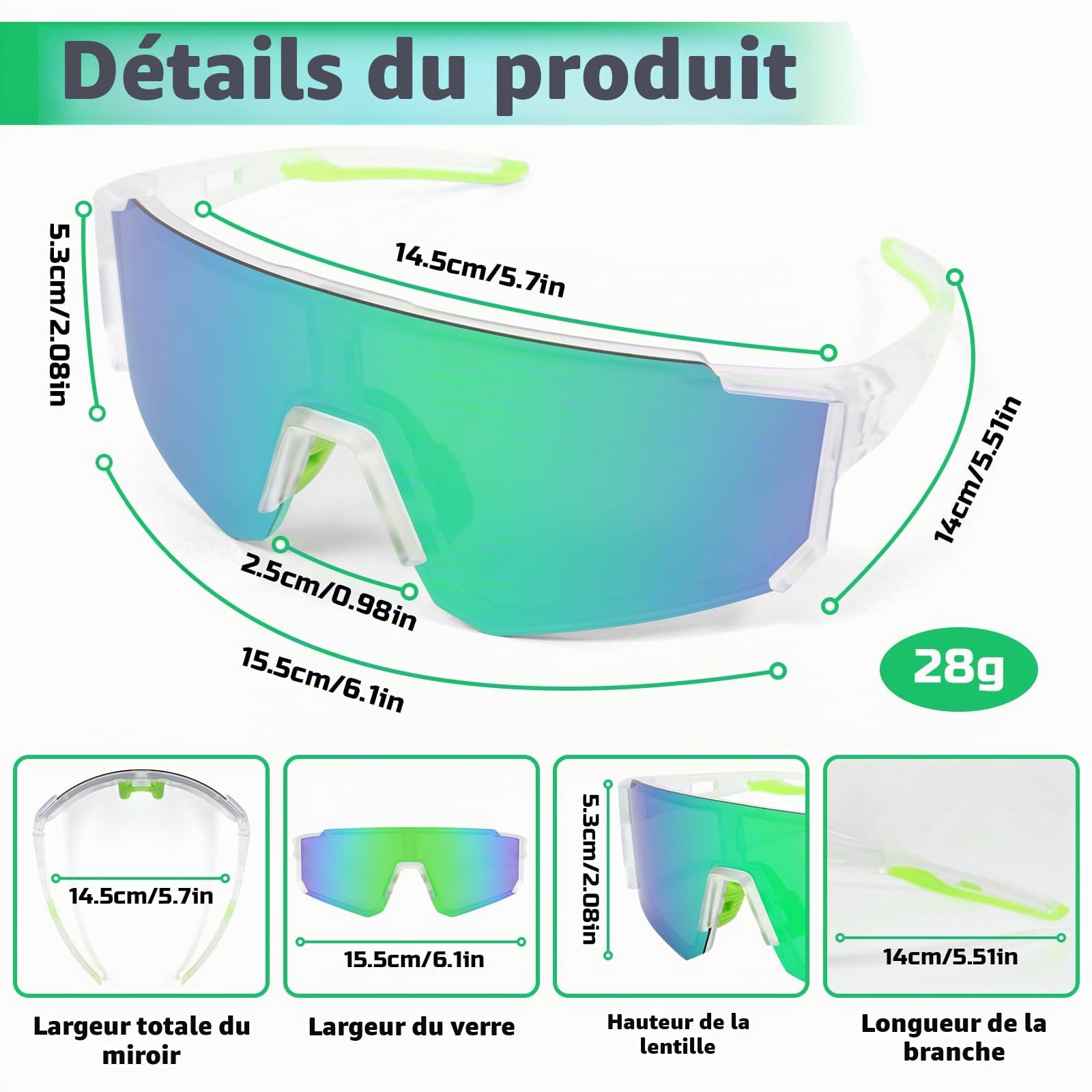 Lunettes de soleil de sport rapides Hommes Femmes Lunettes de soleil polarisées Lunettes de vélo Lunettes de course pour VTT Vélo de course Vélo de ski Course à pied avec UV400 Lunettes