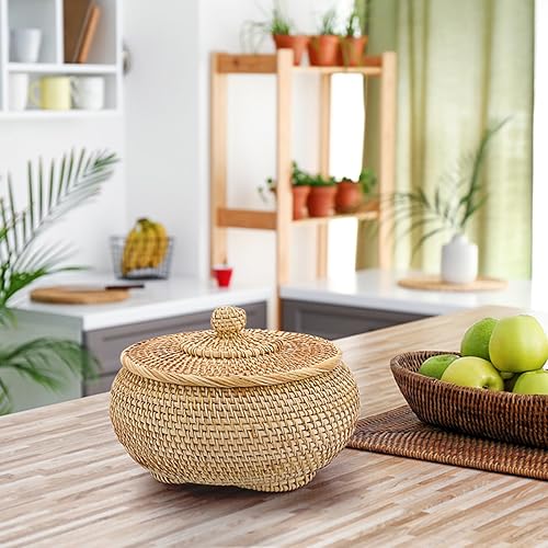 Miniatura 5 de Hipiwe Cesta redonda de ratán con tapa, cesta de mimbre tejida a mano, multiusos, para picnic, alimentos, pan, caja decorativa para el hogar, baño,