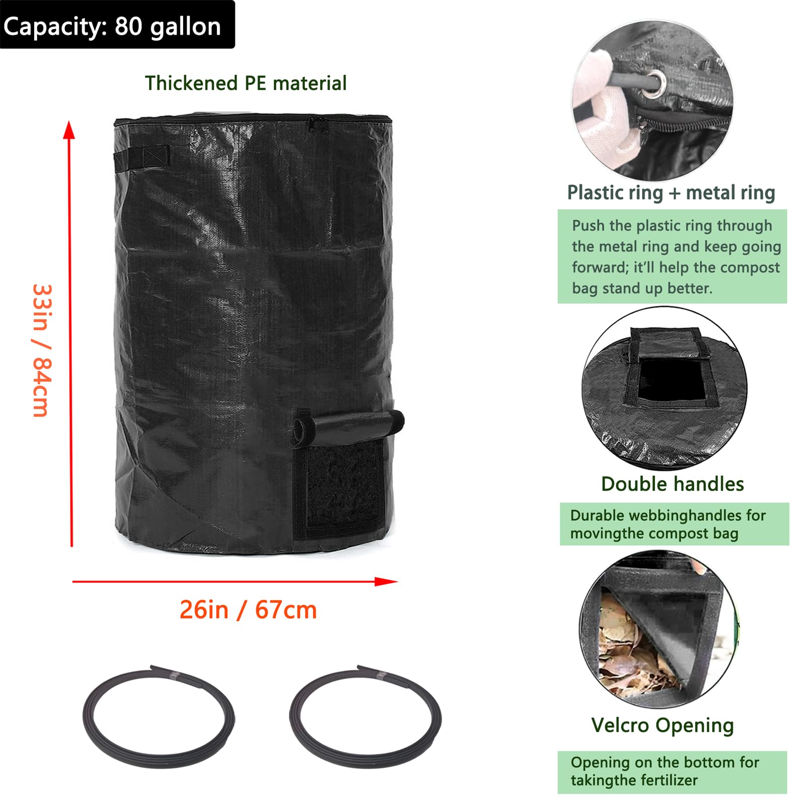 Lot de 2 sacs poubelle à compost extra grande capacité de 300 l (noir, 2 pièces)