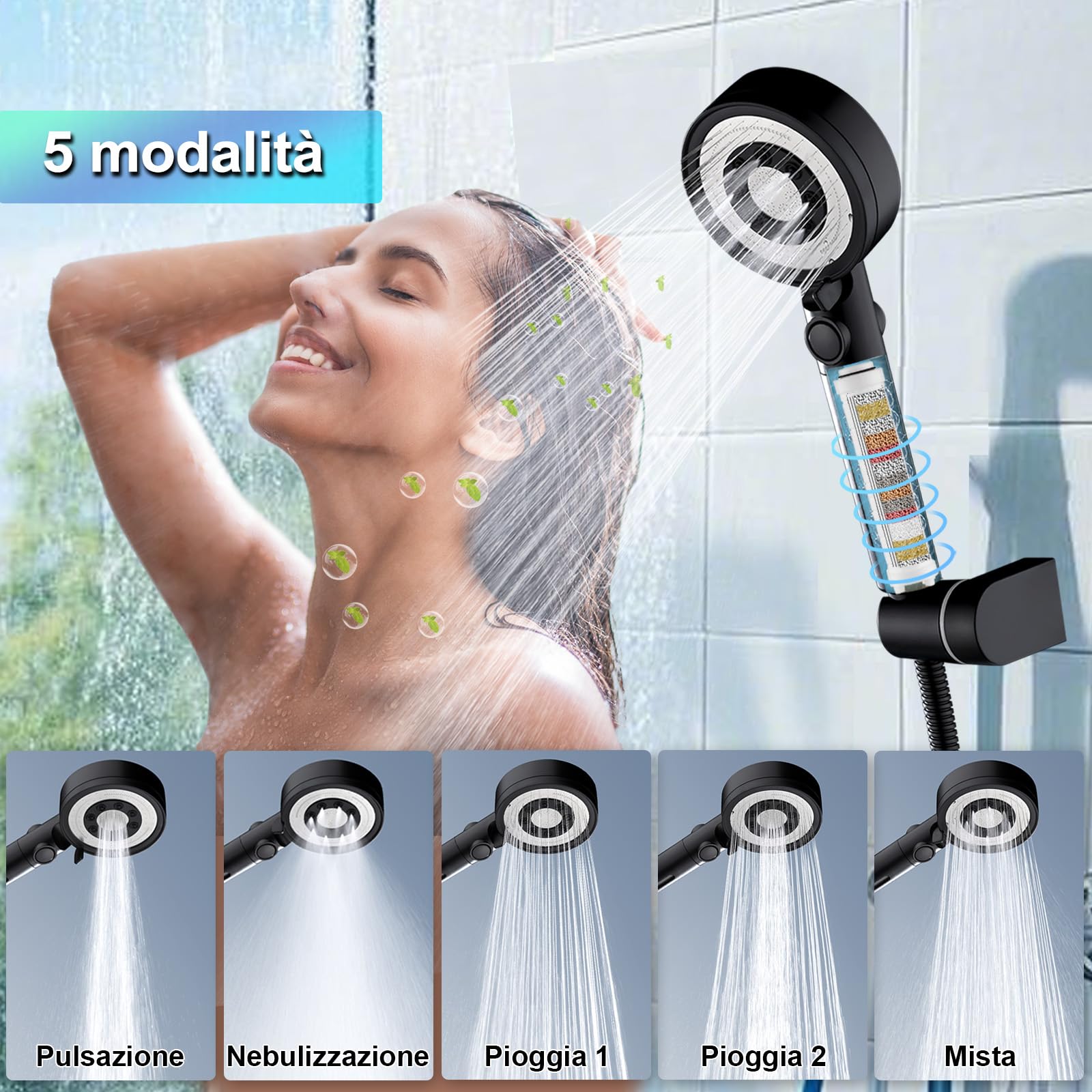 Soffione Doccia Nero Alta Pressione con 4 PP Filtro, 5 Modi | Doccino doccia alta pressione filtra cloro residuo, batteri, metalli pesanti altro, universale g1/2, funzione arresto