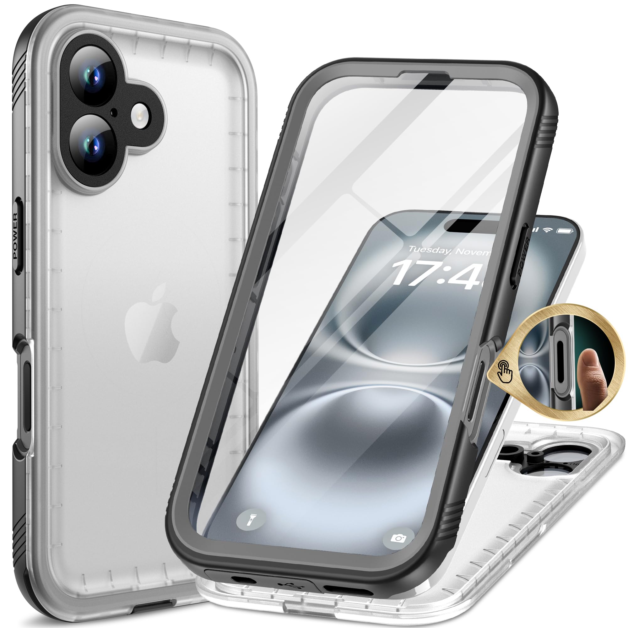 Cozycase for iPhone 16 Case Waterproof - 360 Heavy Duty with Screen/Camera Protector Shockproof IP68 Underwater Dustproof Water Dust Shock Proof Full Body/Front Back Case Black/Frosted Clear 6.1 inch