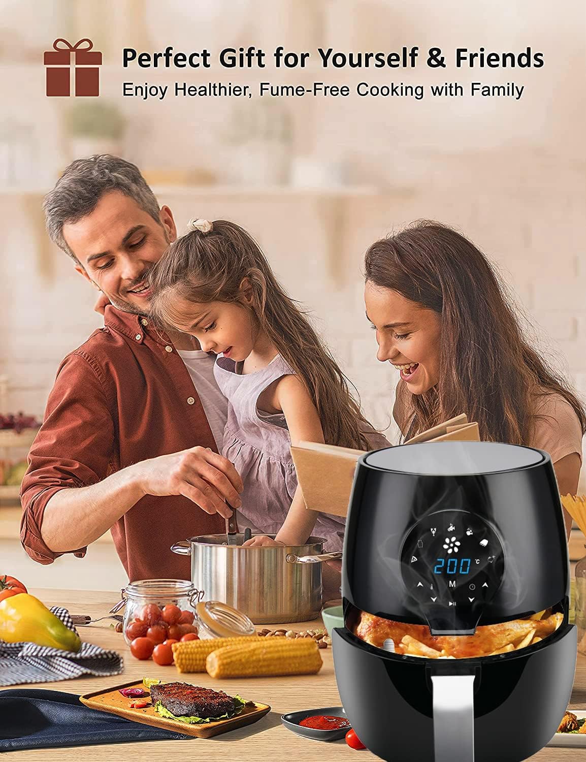 PRITECH Friggitrice senza olio 5 l, Friggitrice ad aria calda, 5 l, pannello touch, 7 programmi preimpostati, regolabile fino a 200 °C, timer 60 minuti, spegnimento automatico, 1450 W PRITECH Friggitrice senza olio 5 l, Friggitrice ad aria calda, 5 l, pannello touch, 7 programmi preimpostati, regolabile fino a 200 °C, timer 60 minuti, spegnimento automatico, 1450 W