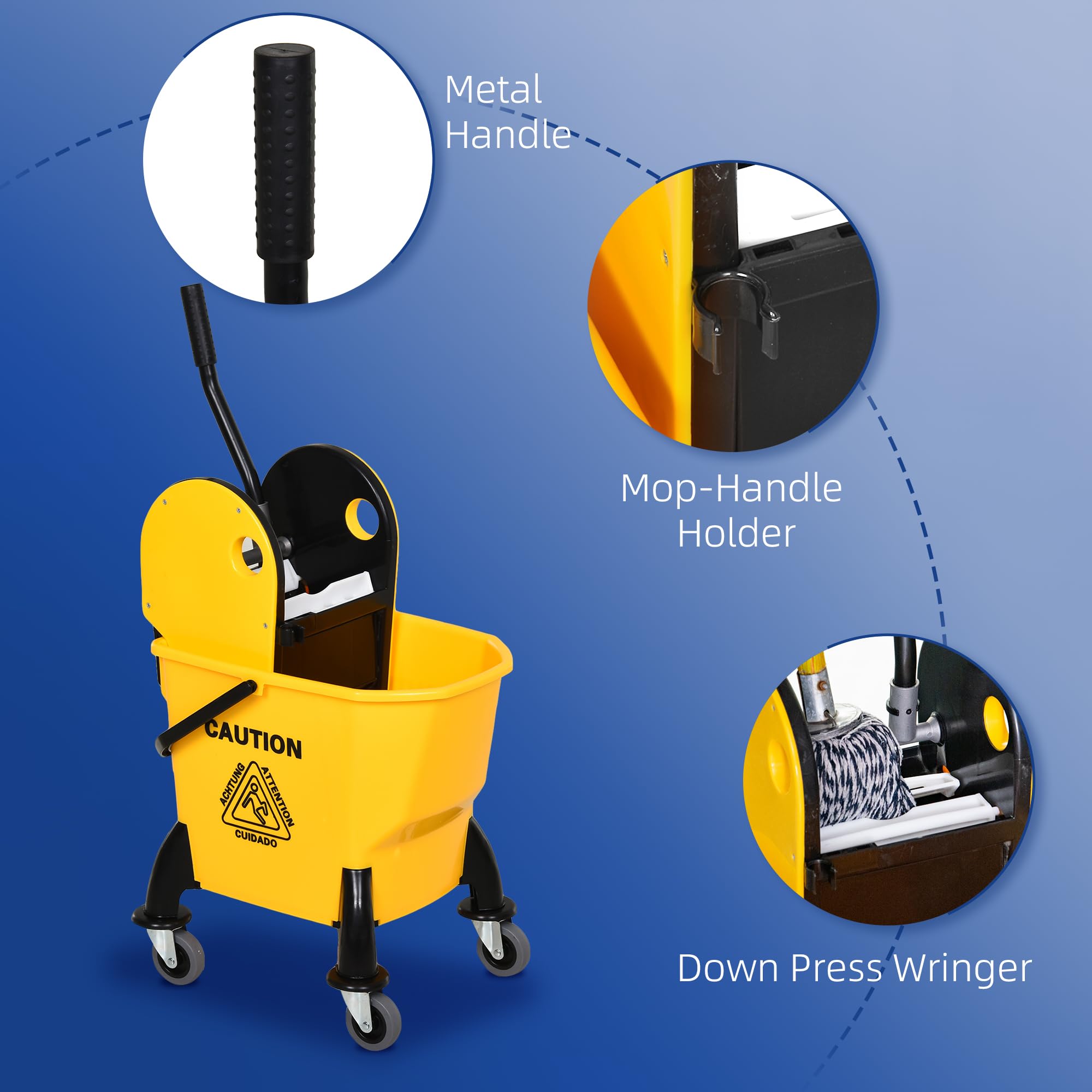 HOMCOM - Carro de limpieza, carrito de limpieza profesional con cubo, capacidad de 26L con escurridor, carro de mantenimiento, 44 x 36 x 90 cm, amarillo