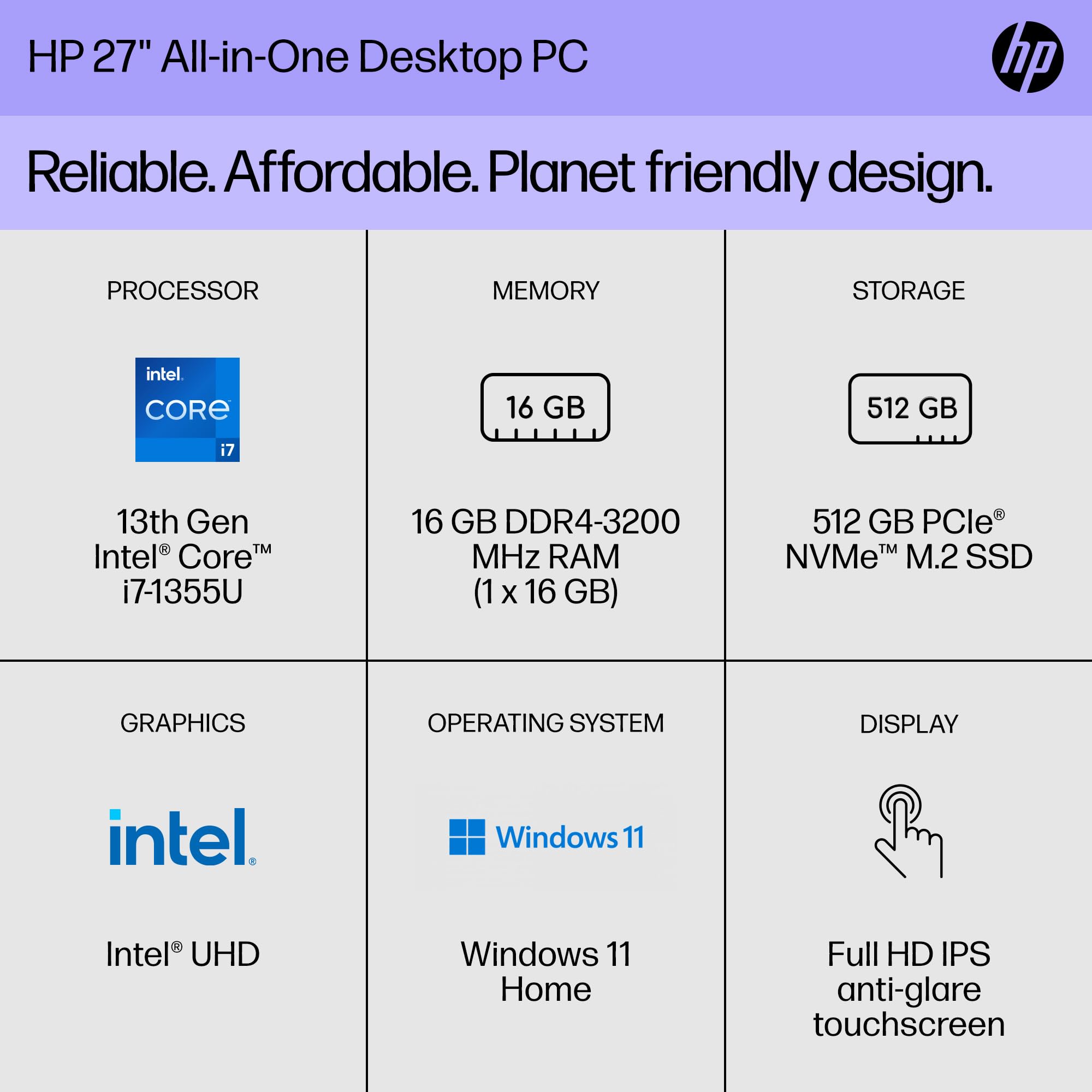 HP 27 inch All-in-One Desktop PC, FHD Display, 13th Gen Intel Core  i7-1355U, 16 GB RAM, 512 GB SSD, Intel UHD Graphics, Windows 11 Home,  27-cr0080