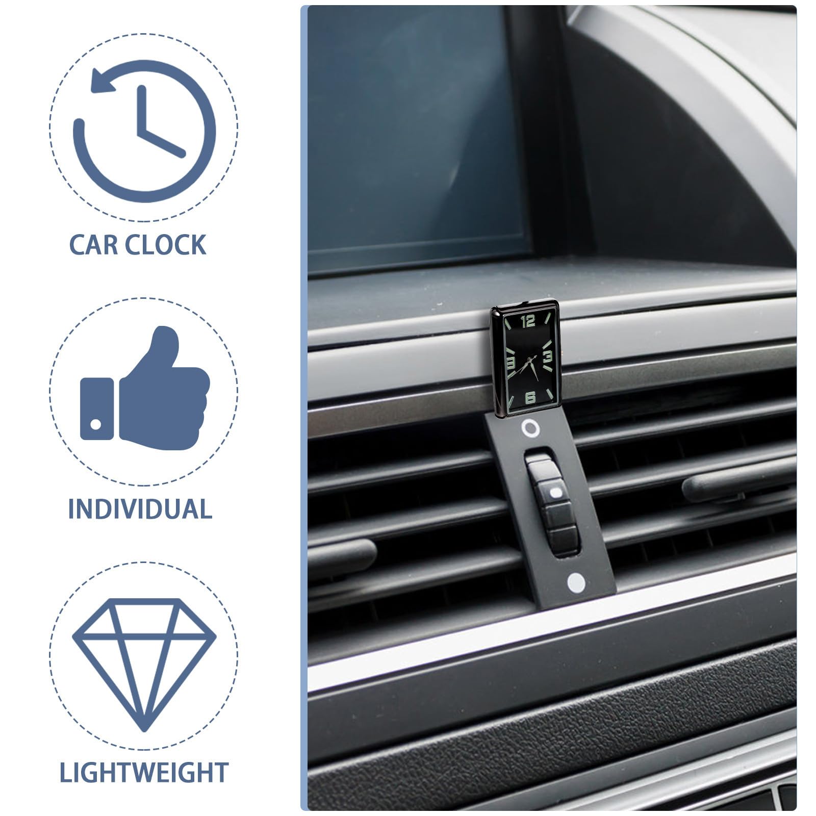 Abaodam Reloj Fluorescente para Coche de Aleación y Vidrio, Pequeño Reloj Analógico Cuadrado Operación Sencilla y Diseño Elegante para Tablero