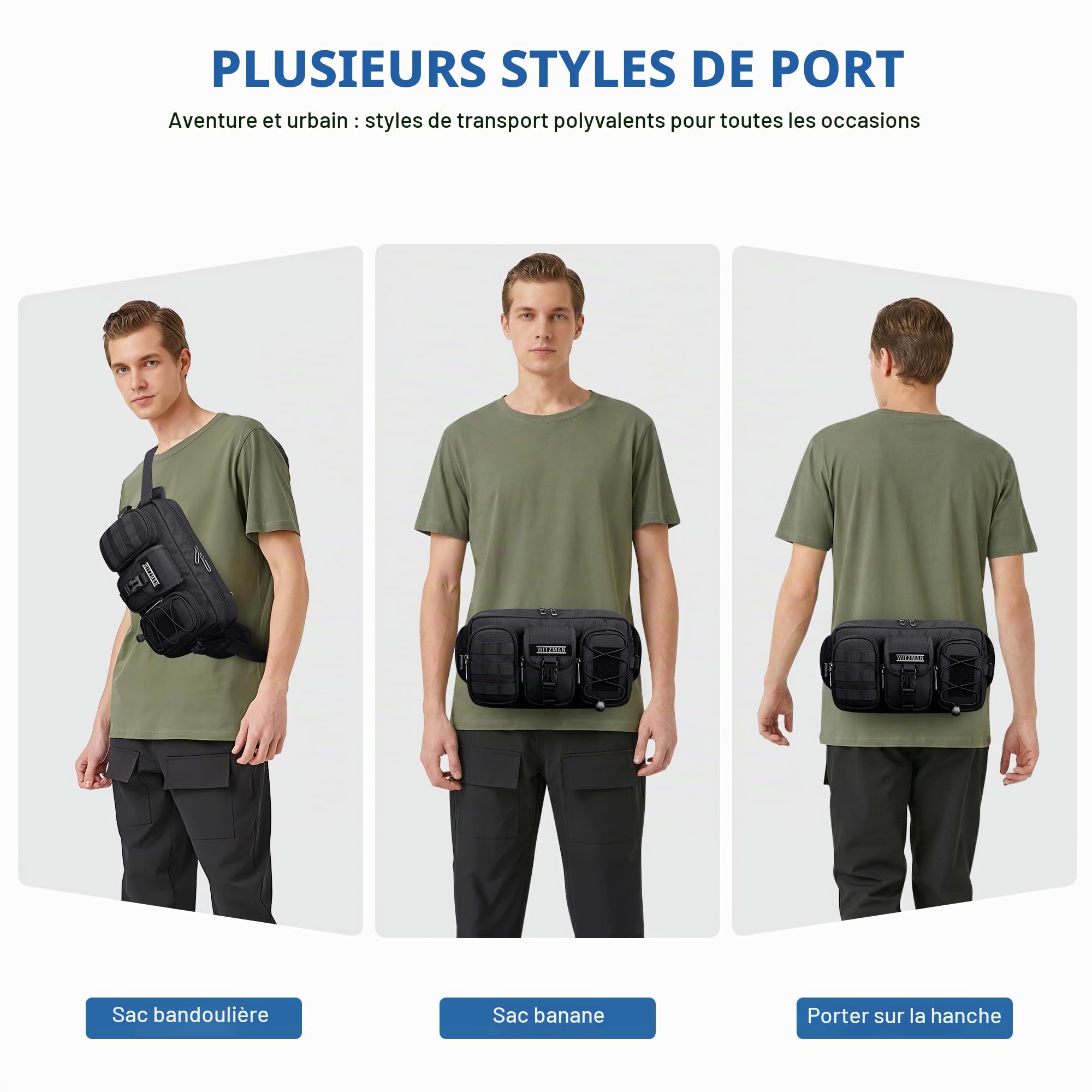 WITZMAN Sac banane pour homme, sac banane tendance avec fermeture éclair, avec plusieurs poches pour voyager, marche quotidienne, Noir