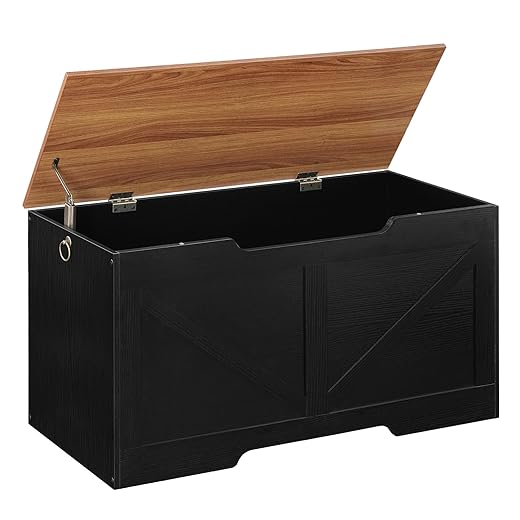 HOOBRO Storage Bench, 39.4" Retro Wooden Storage Chest with U-Shaped Cut-Out Pull, Safety Hinge, Supports 220 lb and Easy Assembly for Toy Box Organizer (Black and Walnut) BH771CW01