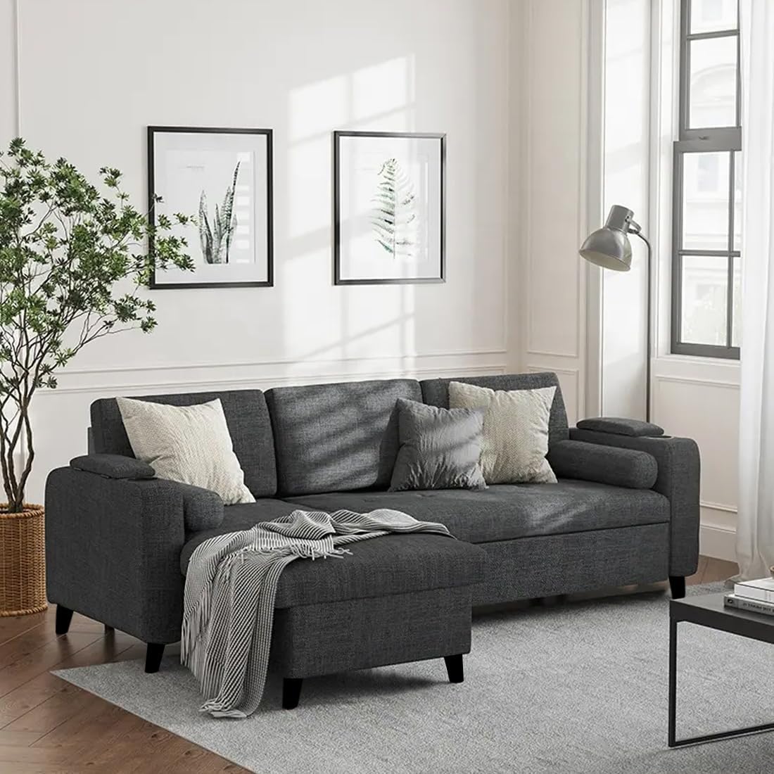 FURNY Rolster 4 Seater Fabric LHS L Shape Sofa Set with Cupholder & Puffed Arms (Dark Grey)