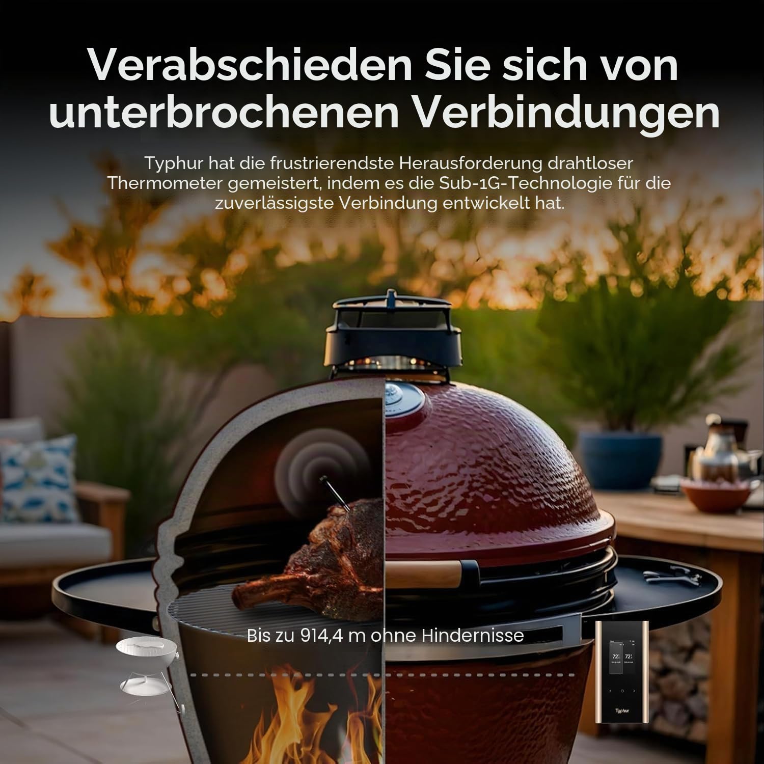 Typhur Sync Gold Fleischthermometer Kabellos mit 2 Schlanke Sonden, KI APP | Smart Grillthermometer kabellos mit 6 Sensoren, 10x Stärkeres Signal, ±0,3°C Genauigkeit, Aluminium Basis, IPX8 Wasserdicht