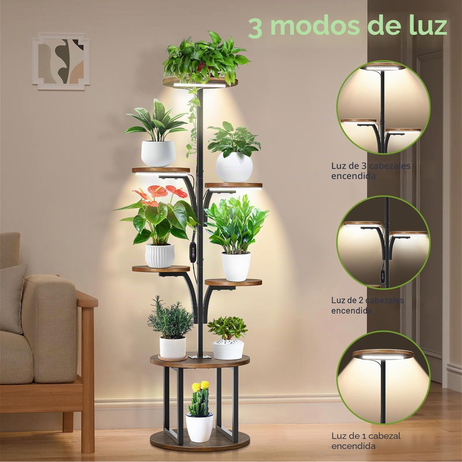 Estantería para Plantas con Luz de Crecimiento, Soporte para Plantas Interior 7 Niveles Diseño de Árbol, Estantería Plantas de Metal y Madera con Temporizador 3/9/12h y Brillo Ajustable