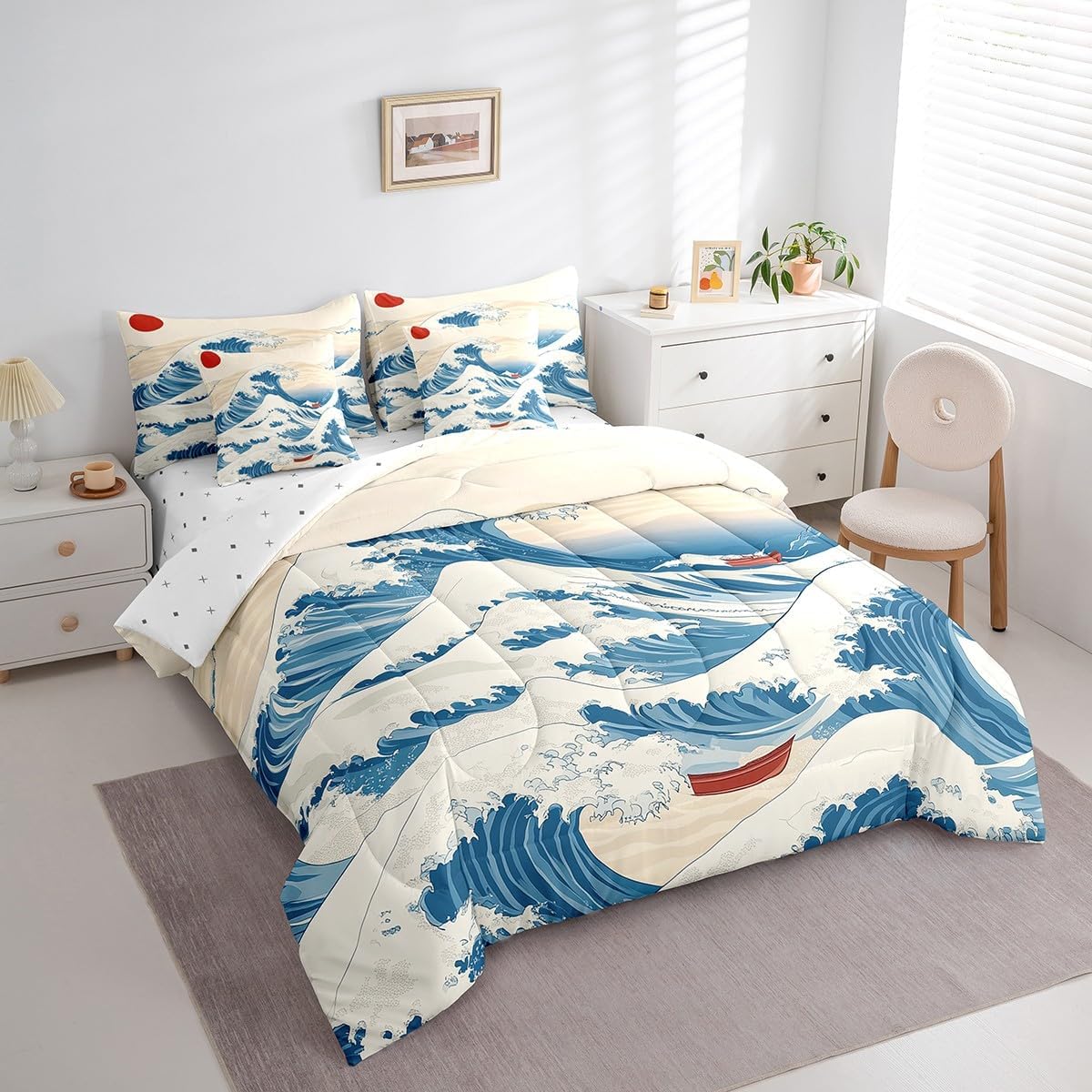 jejeloiu Japanese Wave Sunset Sea Waves 7 Pieces Bedding Set Full Size image 2