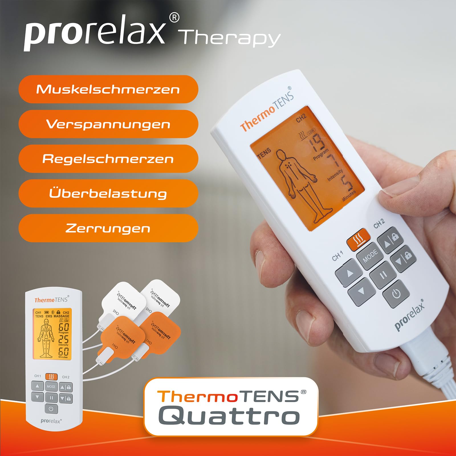 prorelax TENS/EMS QUATTRO | Akkubetriebenes Elektrostimulationsgerät | 4 Therapien - TENS, EMS, MASSAGE, WÄRME | Zur Schmerzlinderung, Entspannung, Muskelaufbau | 60 Programme | 25 Intensitätsstufen