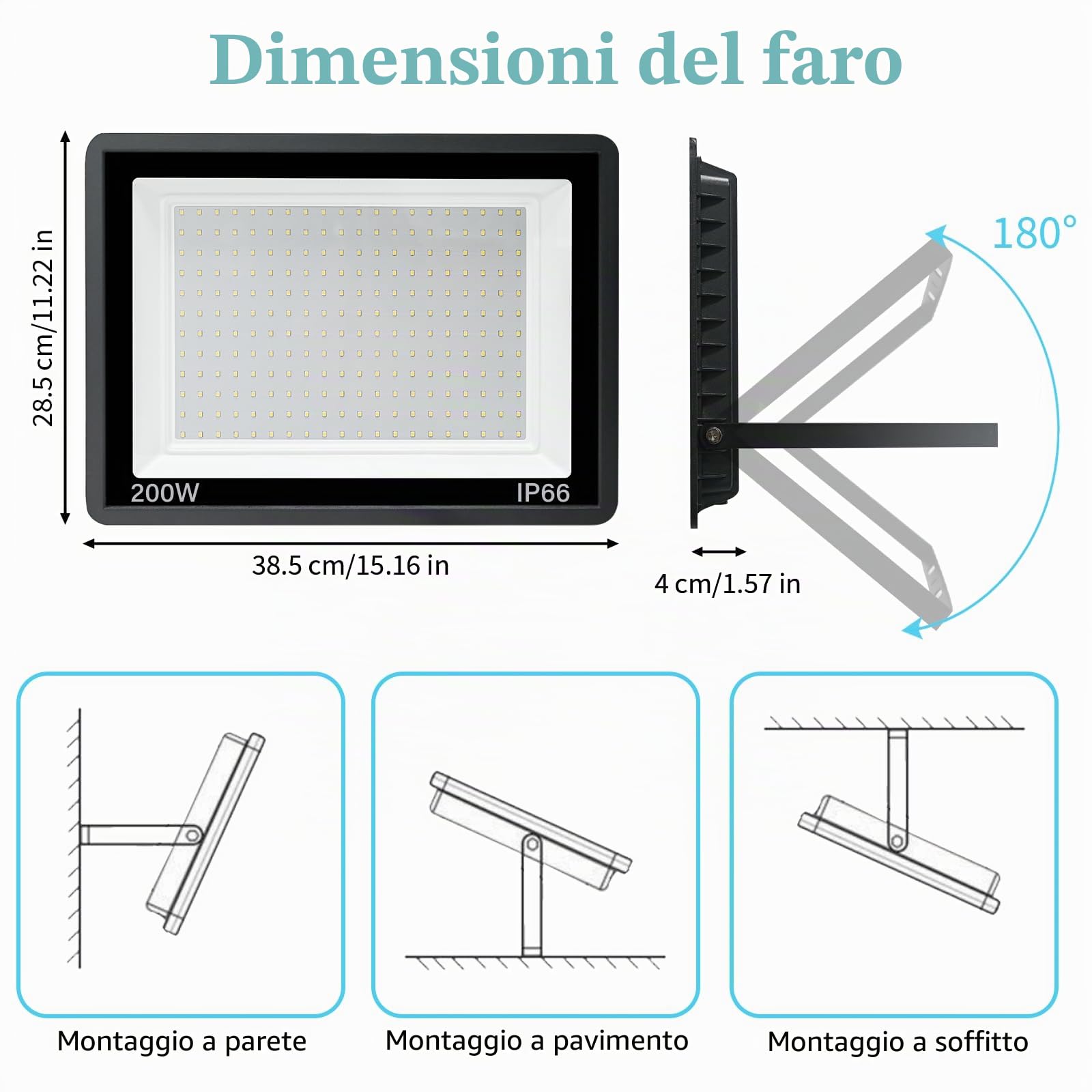 Riflettore LED per esterni 200W: 20000LM 6000K IP66 faretti da esterno | Faretto guidata da Esterno per giardini, patii, garage, risparmio energetico