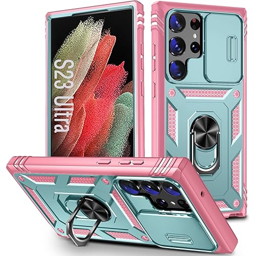 Case for Galaxy S23 Ultra, Slide Lens Protective Case Shockproof Impact Resistant with Kickstand Cover Case for Samsung Galaxy S23 Ultra 6.8" (Pink Green)