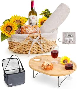 Picnic Basket for 2 with Table and Blanket, Insulated Cooler Bag, Picnic Set for Outdoor Use