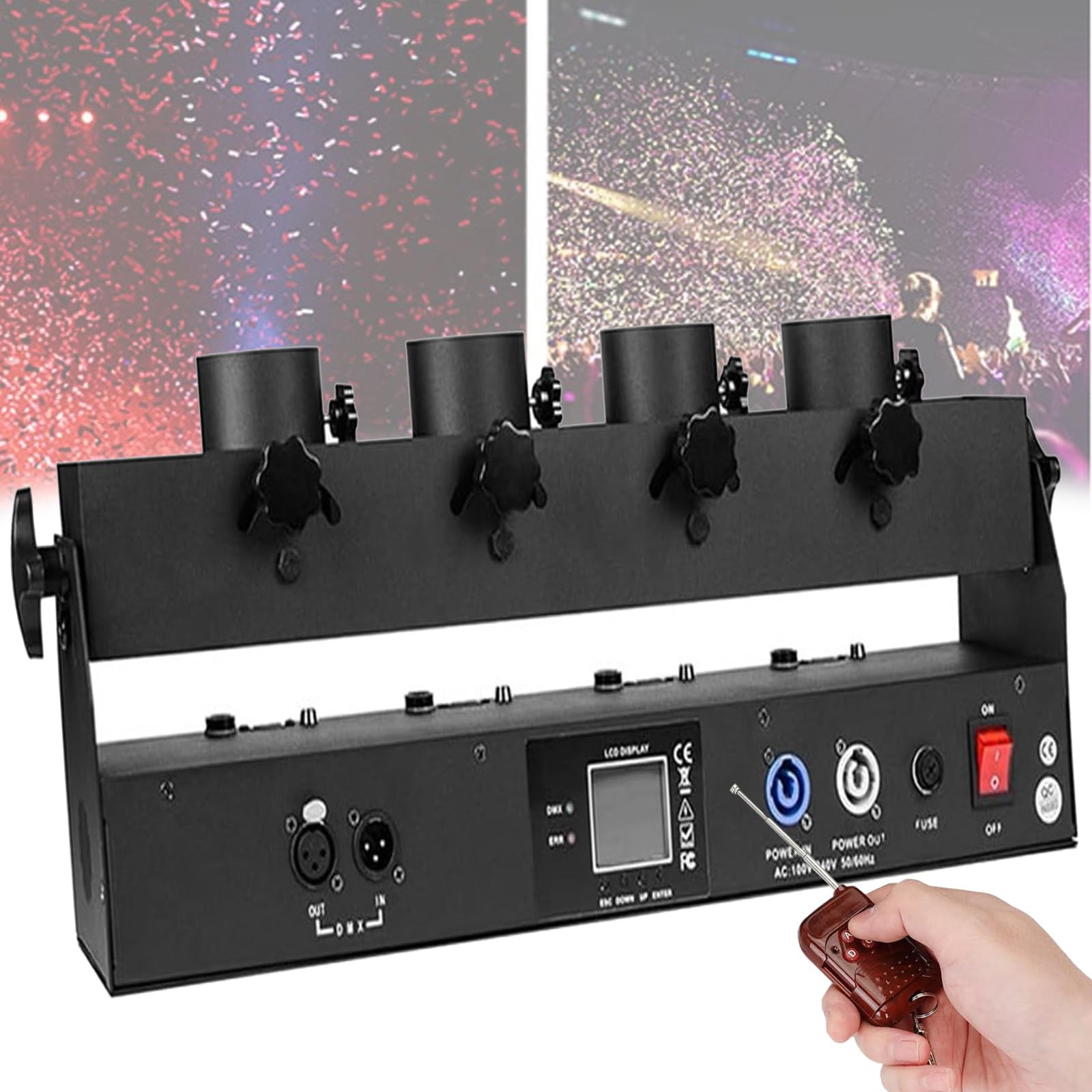 4 Schuss Konfettiwerfer Kanone Konfettimaschine DMX512 & Fernbedienung Elektrische Papier Konfettikanone Maschine für Partylichteffekt Club Bar Hochzeit Weihnachten Halloween Karneval Ostern