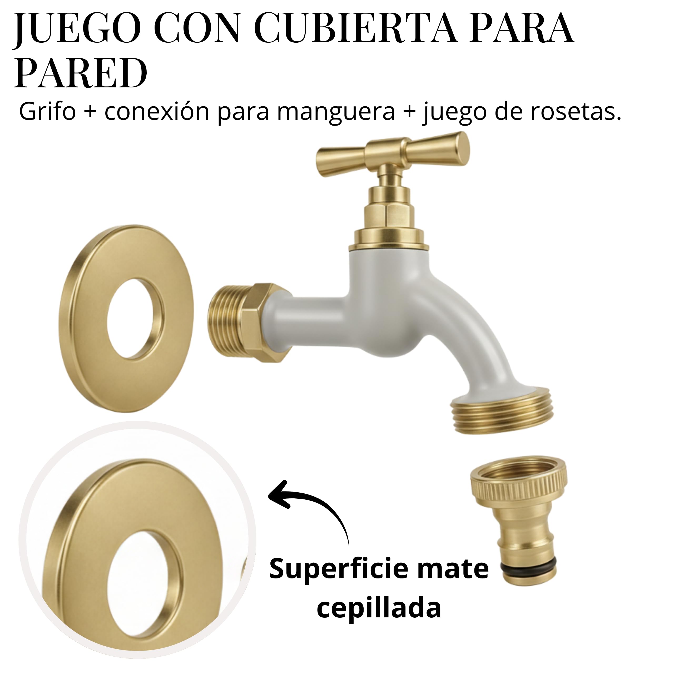 LIVLIG Premium Grifo de Jardín, Grifo exterior resistente a las heladas con guarnición de roseta y conexión de manguera, Grifo de agua fría de latón, Grifo de diseño dorado con recubrimiento en polvo